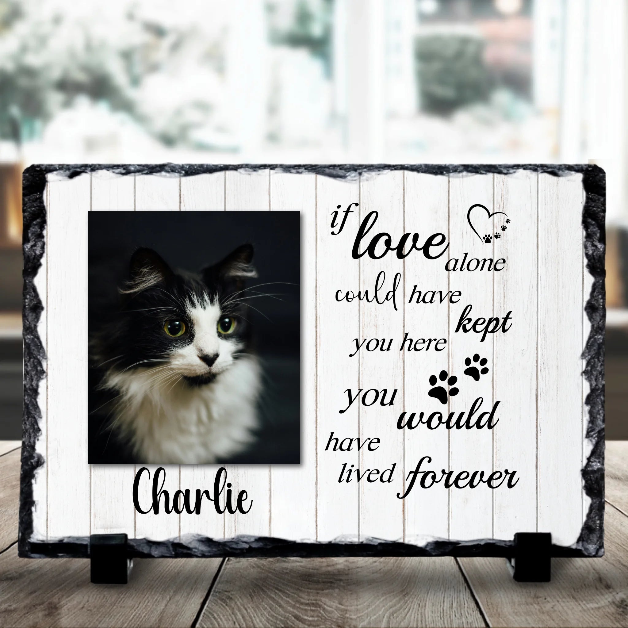 Personalised photo slate with custom photo and 'If Love Could Have Kept You Here' text, shown as a memorial keepsake