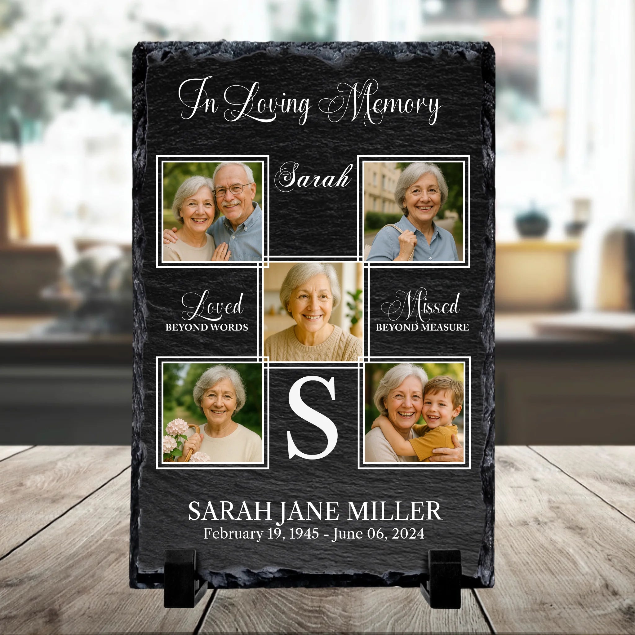 Personalised memorial photo slate displaying five photos with Loved Beyond Words text