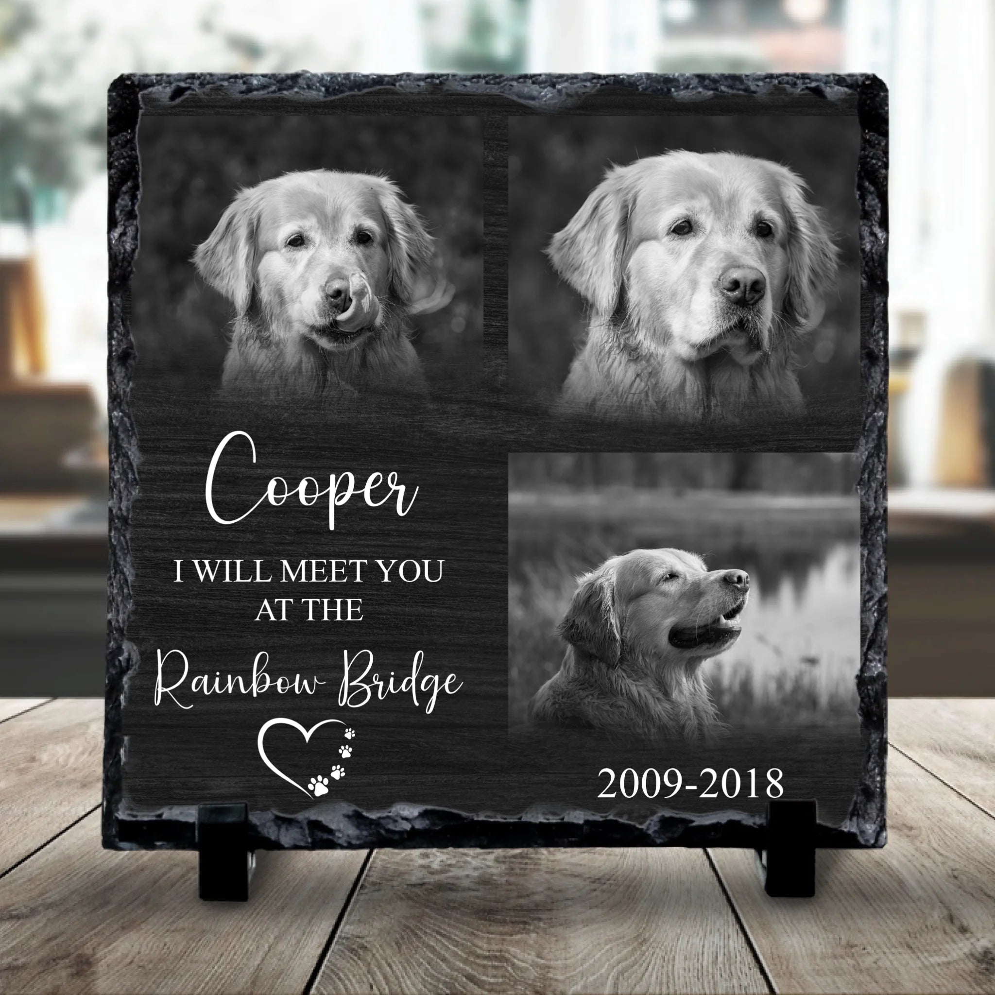 Custom Personalised Pet Memorial Photo Slate - Rainbow Bridge - Black & White