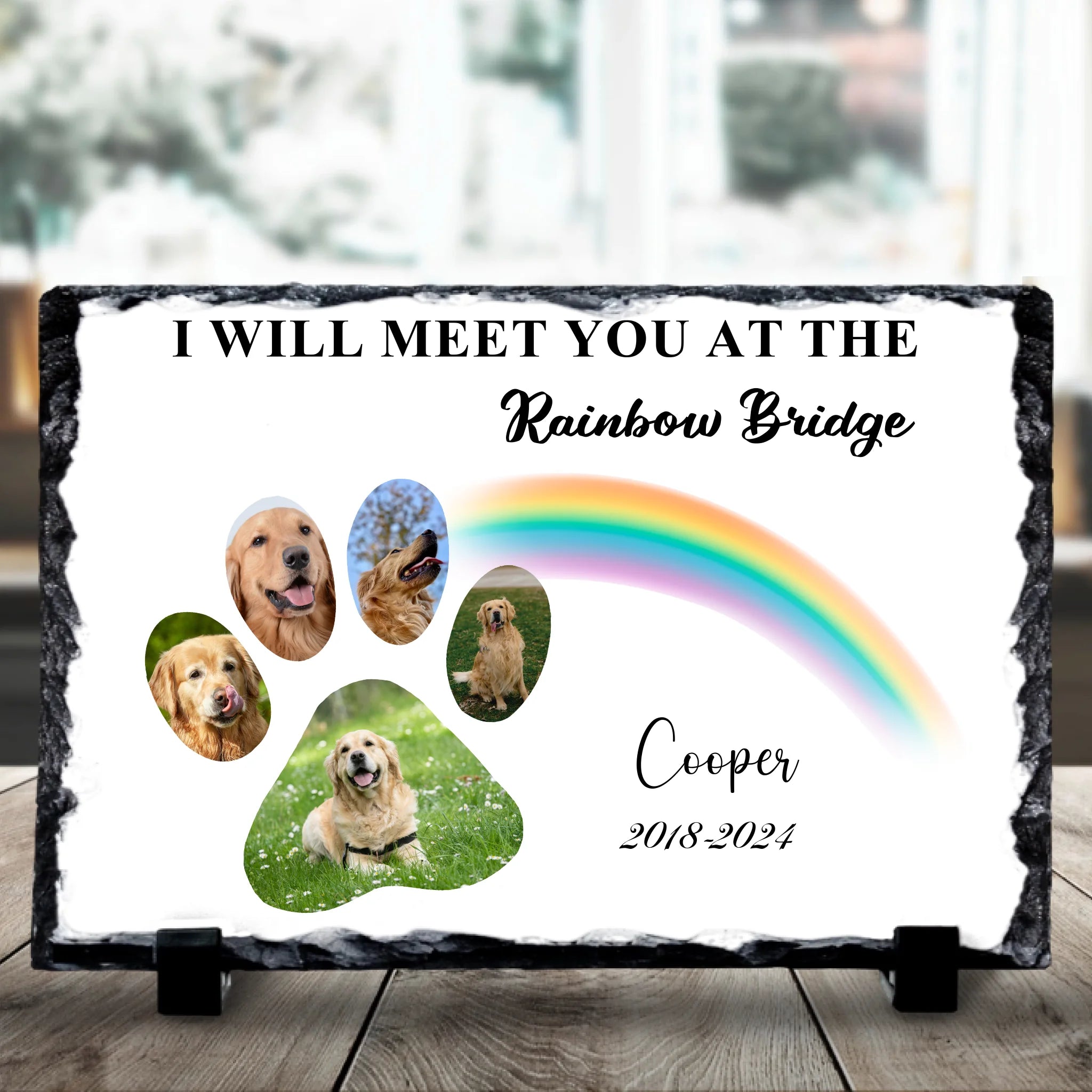 Personalised pet memorial photo slate with Rainbow Bridge design and custom photo