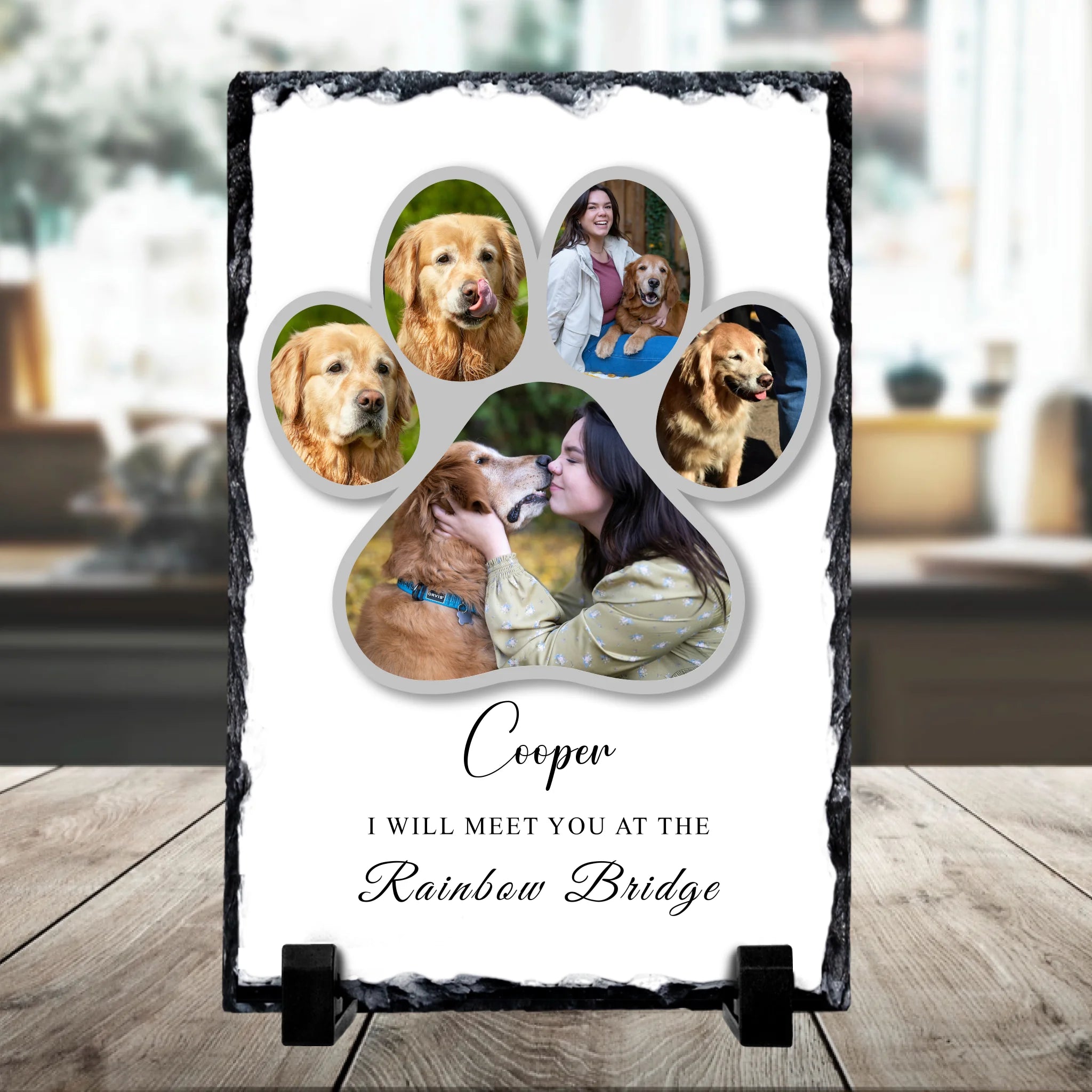 Personalised pet memorial photo slate with Rainbow Bridge paw print design and custom photo