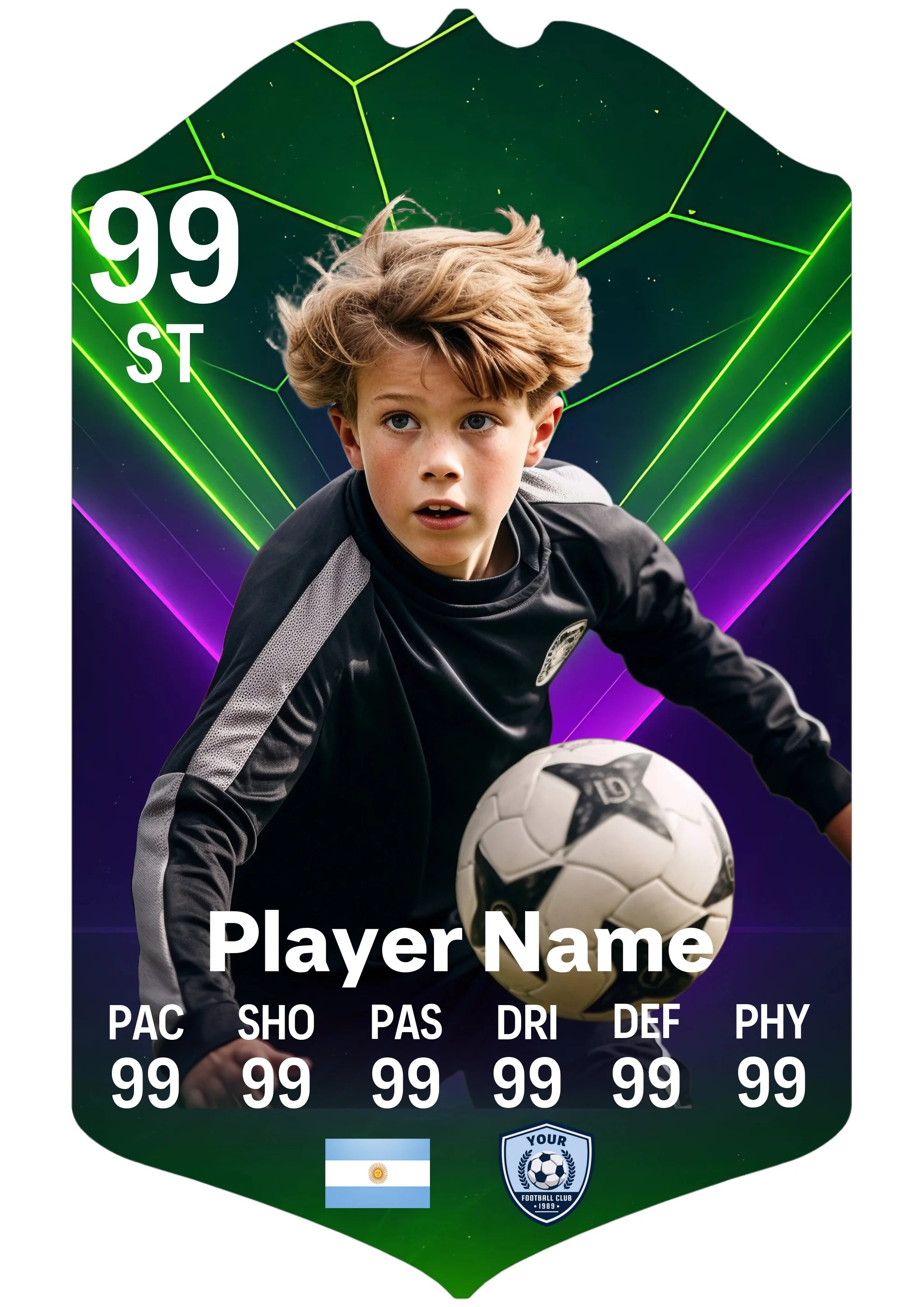 Small A5 personalised football card with custom name, stats and nation on glossy aluminium