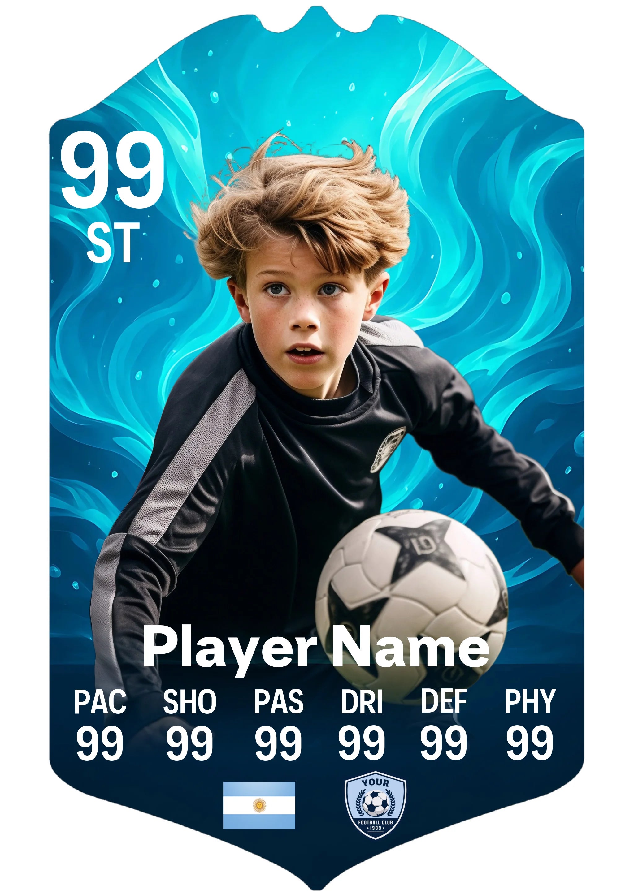 Small A5 personalised football card in Wind and Rain design on glossy aluminium