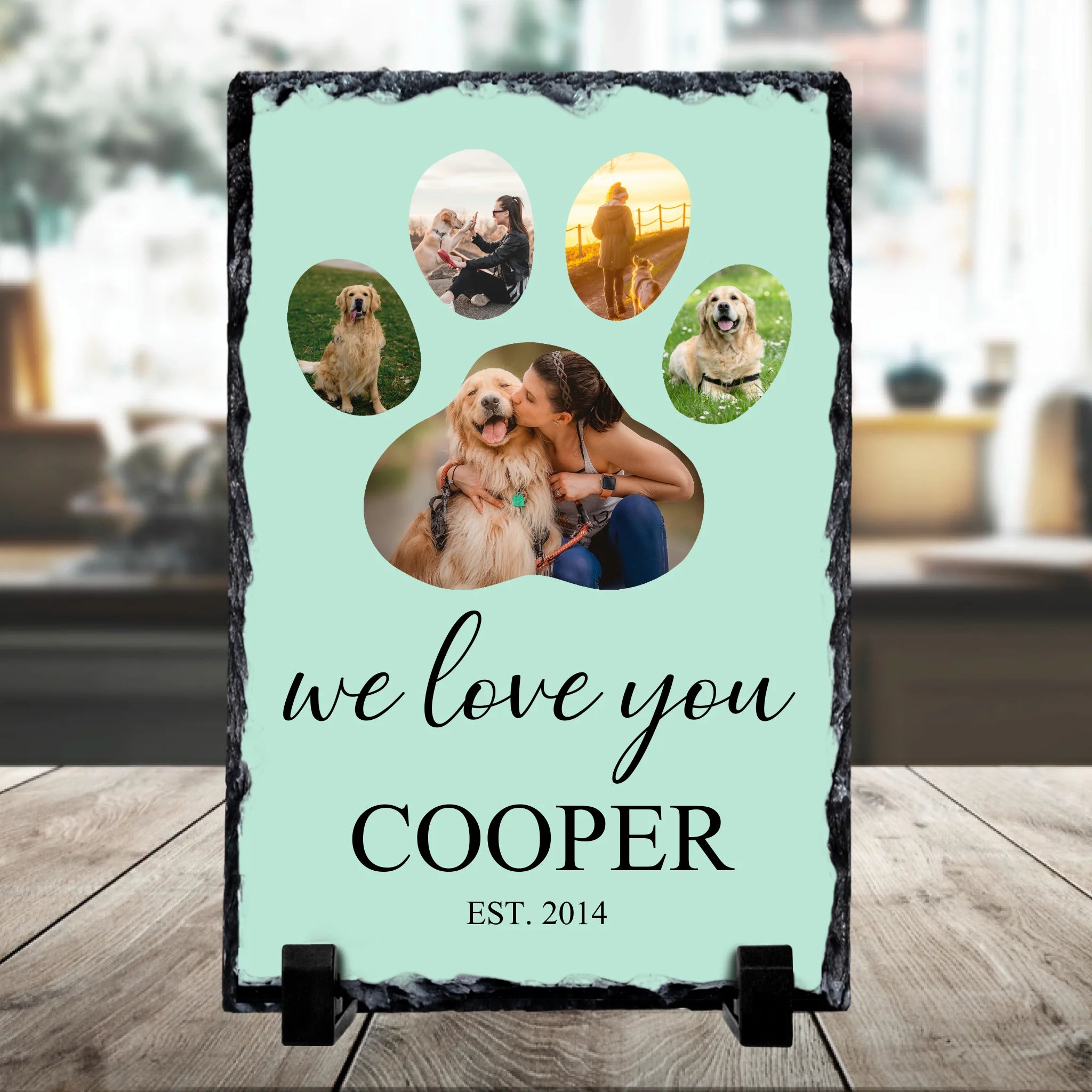 Personalised pet photo slate with 'We Love You' text printed below a custom pet photo