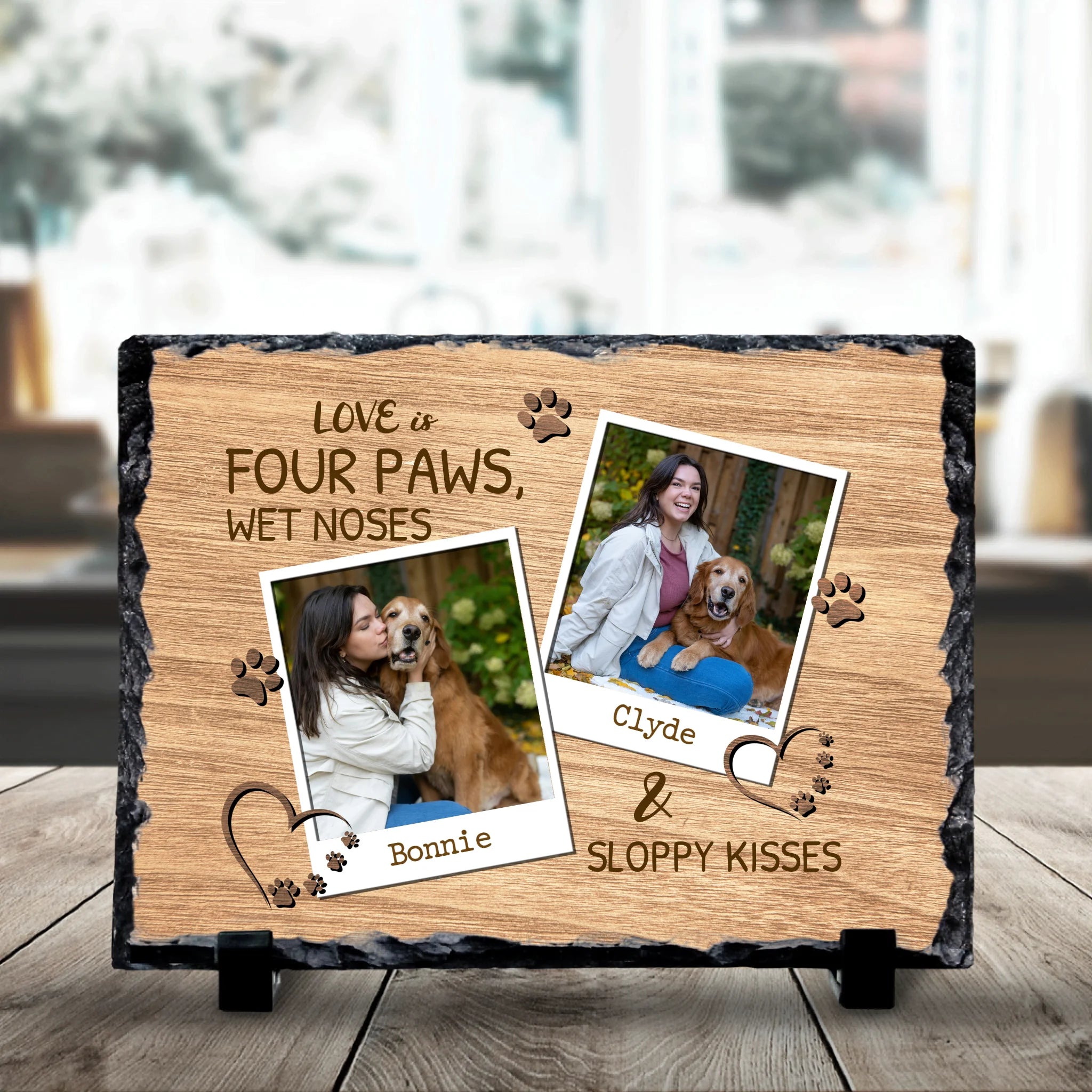 Custom photo slate showing two pet photos on a 19x14cm slate tile