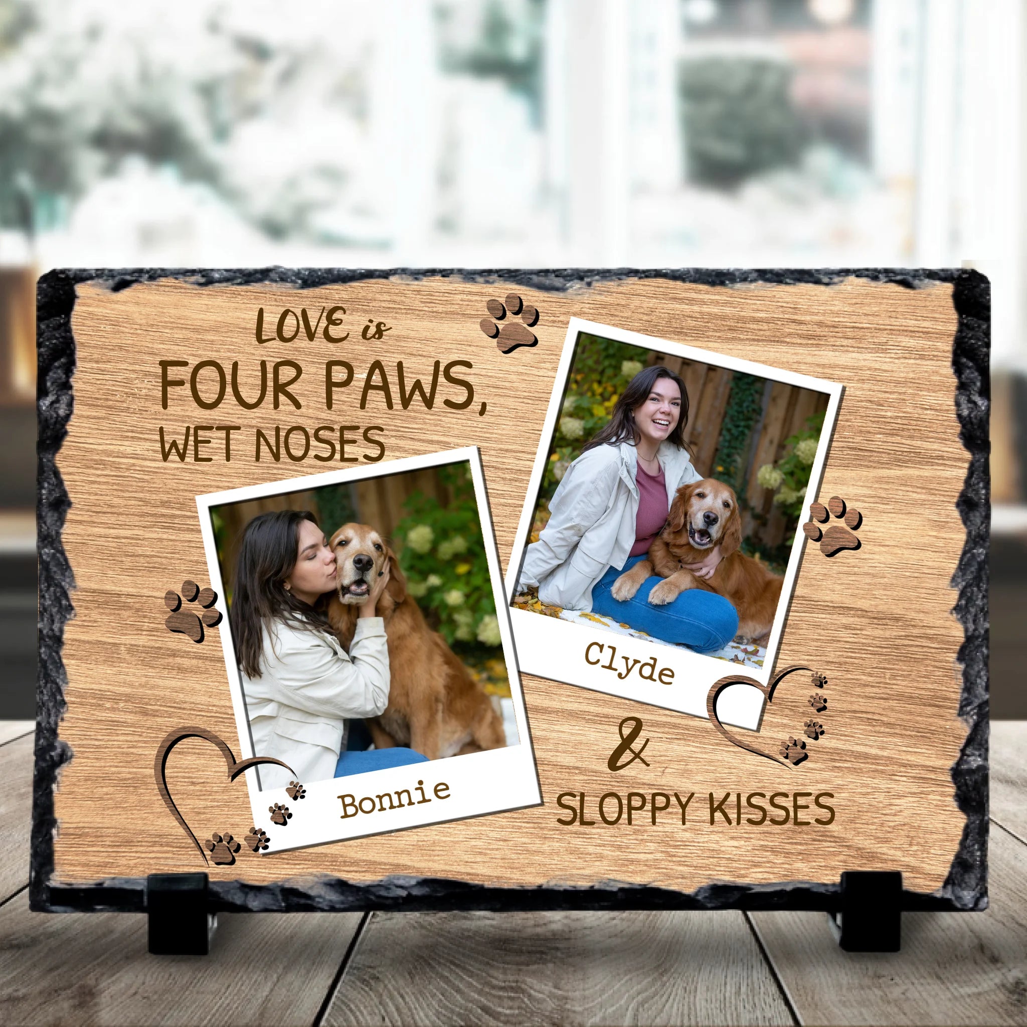 Personalised pet photo slate gift with two photos on natural slate