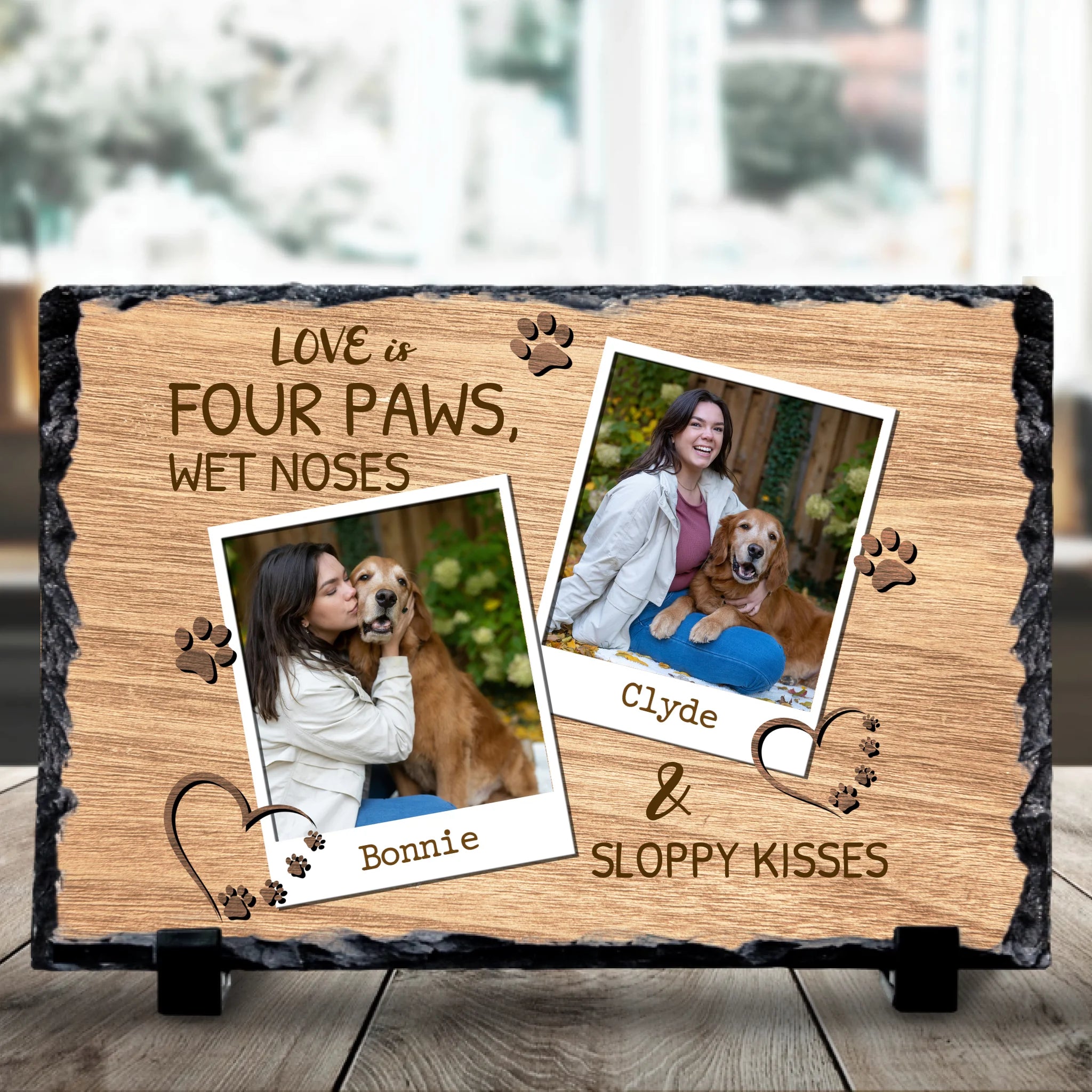 Personalised pet photo slate with two photos and Love Is Four Paws quote printed on natural slate