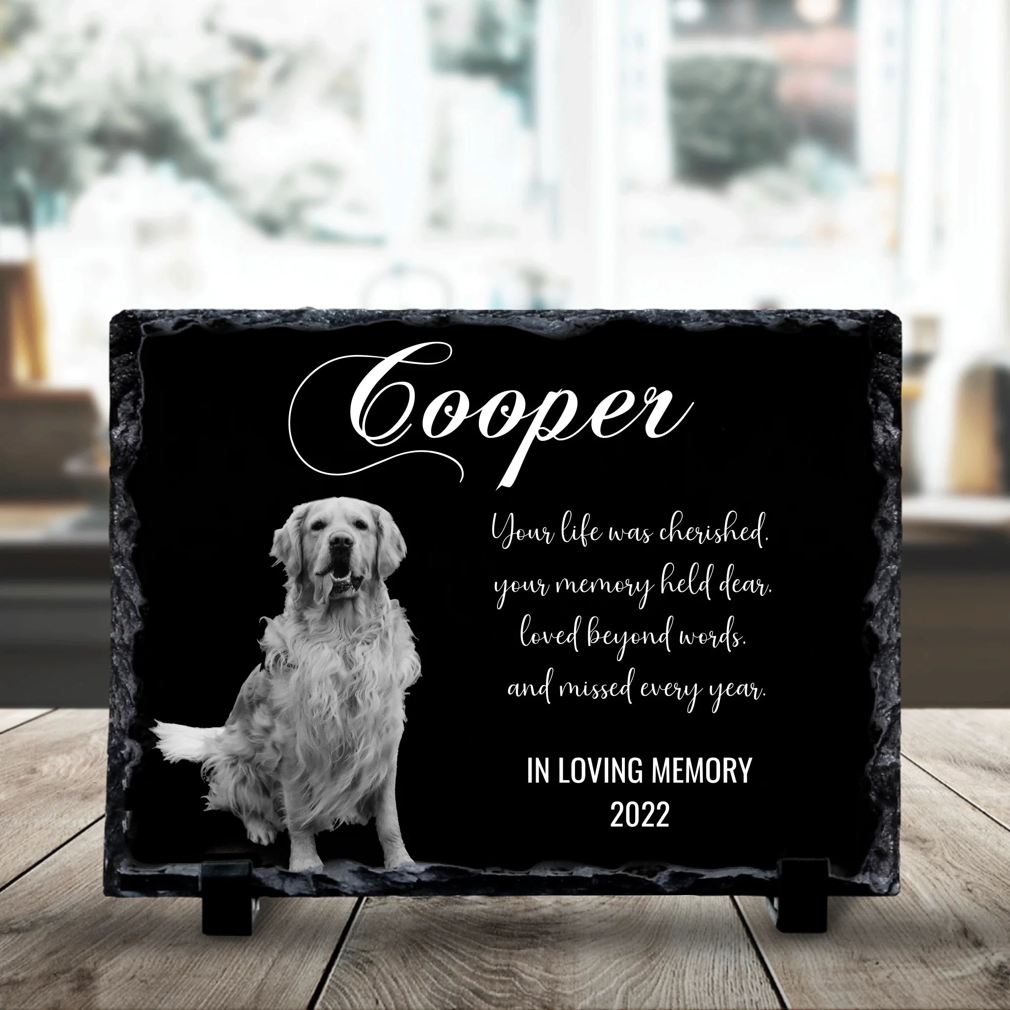 Custom photo slate gift showing black and white pet memorial design, 19x14cm slate