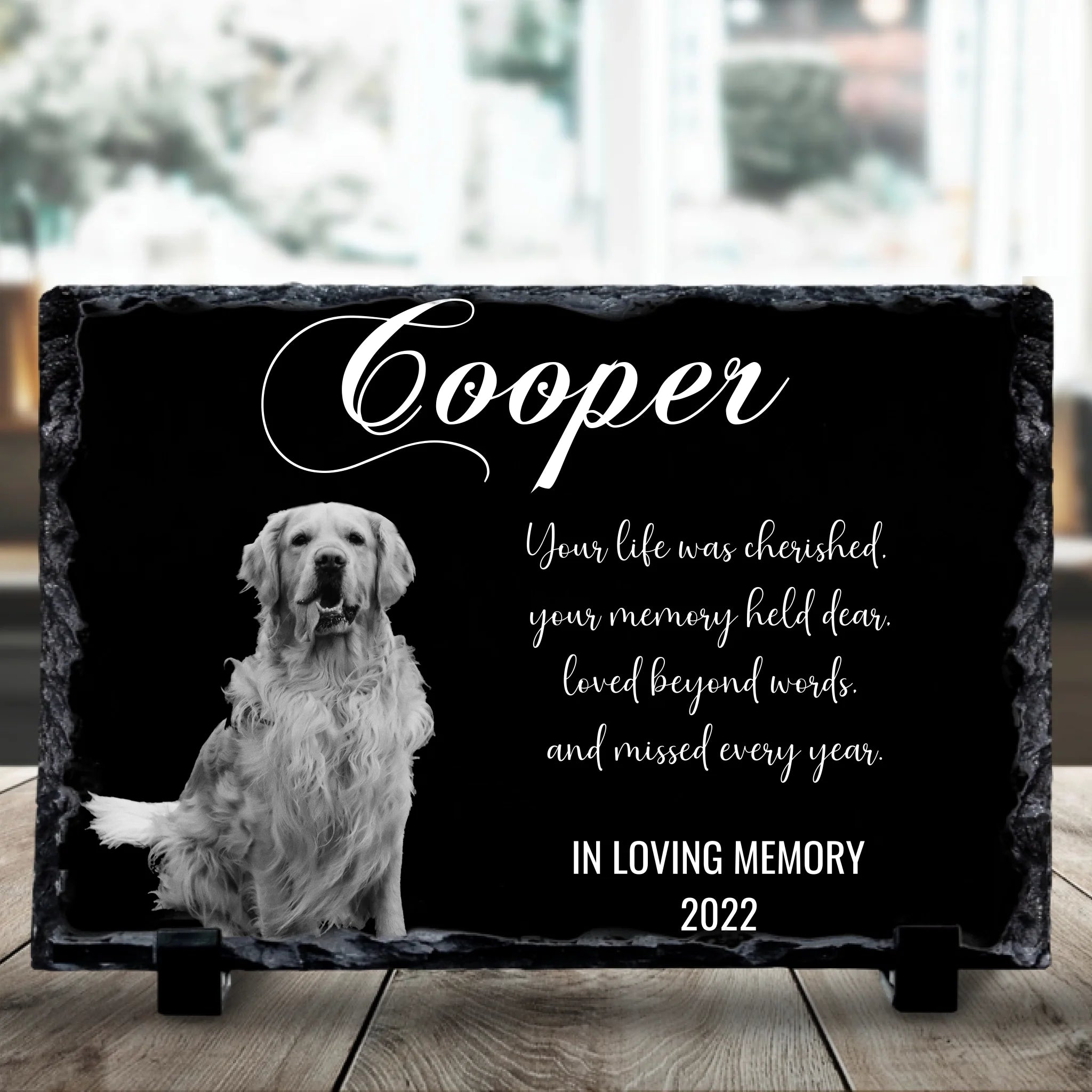 Close-up of personalised photo memorial slate with printed pet photo and tribute message