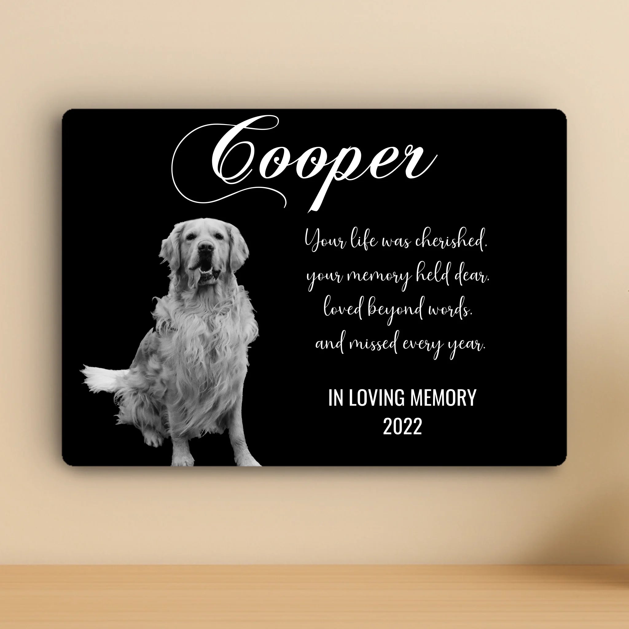 Custom Personalised Pet Memorial Metal Photo Panel - Black & White - "Your Life Was Cherished"
