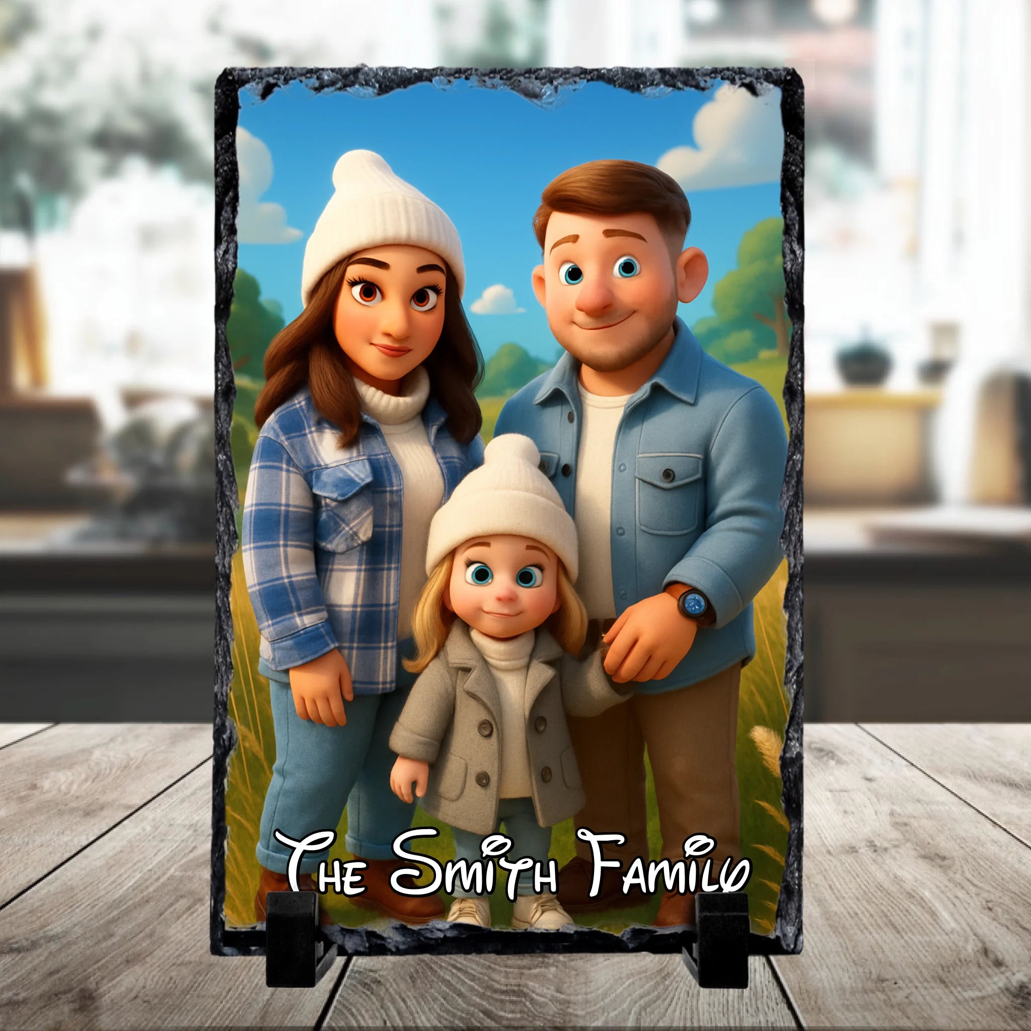 Personalised photo slate with cartoon effect family portrait printed on natural slate