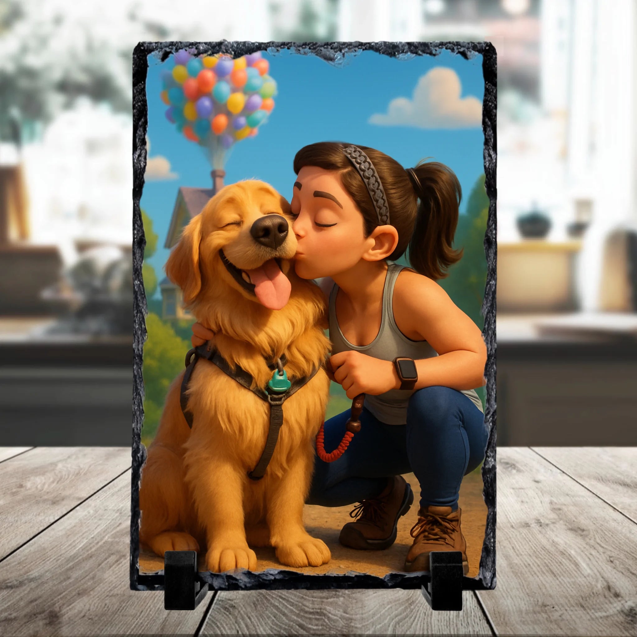 Personalised photo slate showing a cartoon-effect portrait of a pet and owner, printed on natural slate