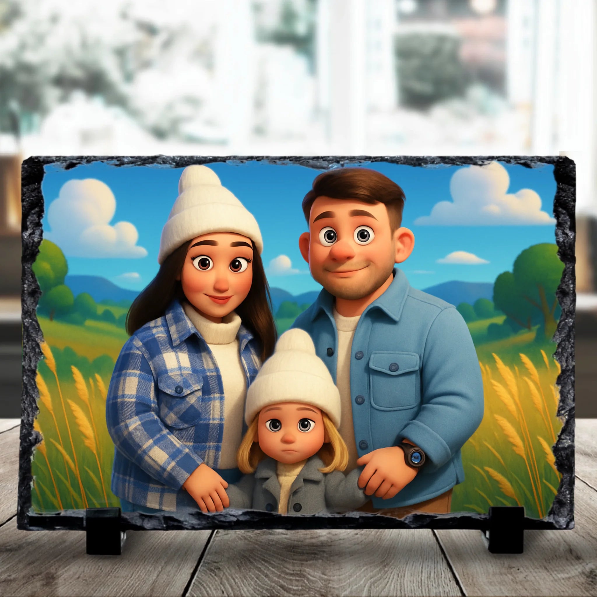 Personalised photo slate with cartoon effect print, displayed as a family gift