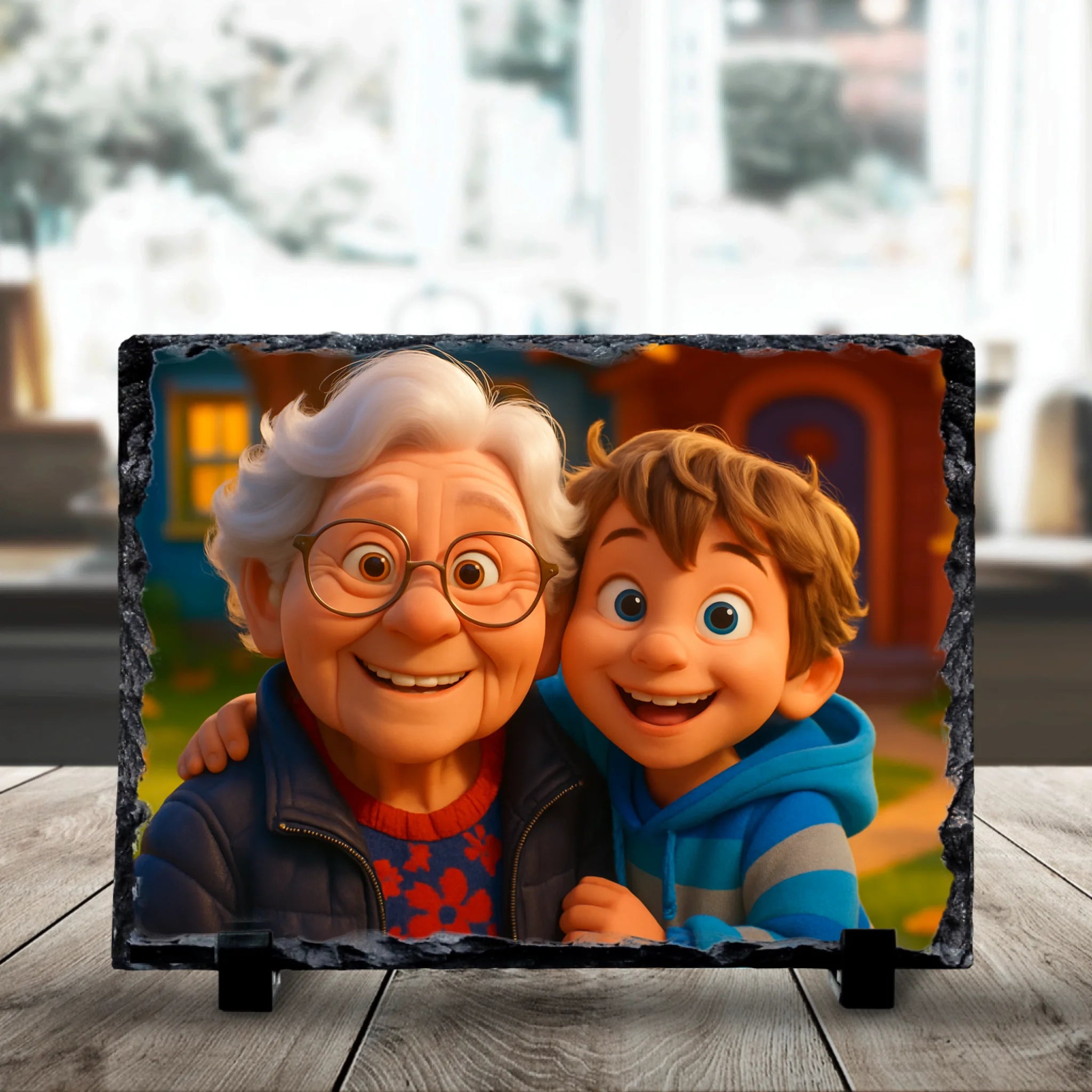 Custom photo slate showing a family cartoon portrait artwork, 19x14cm slate size