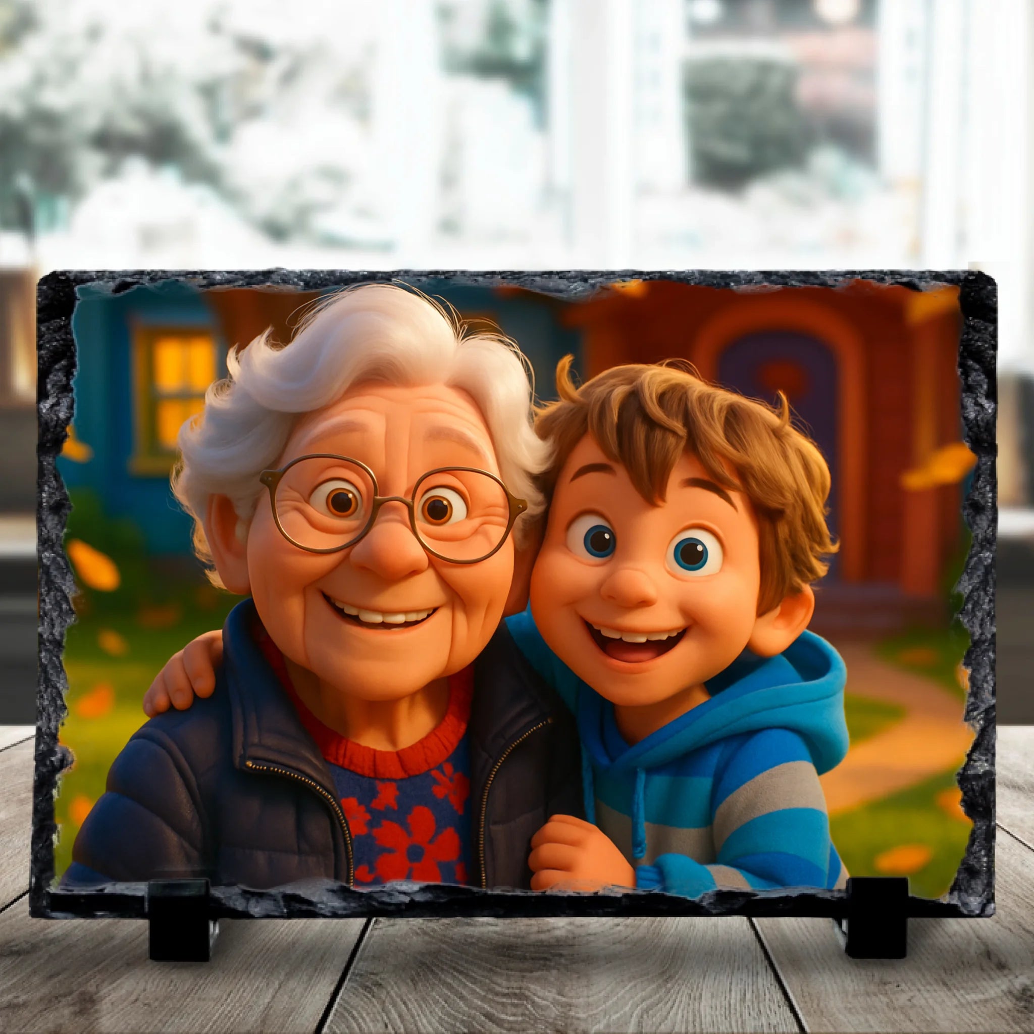 Close-up of a personalised photo slate gift with cartoon style family portrait print
