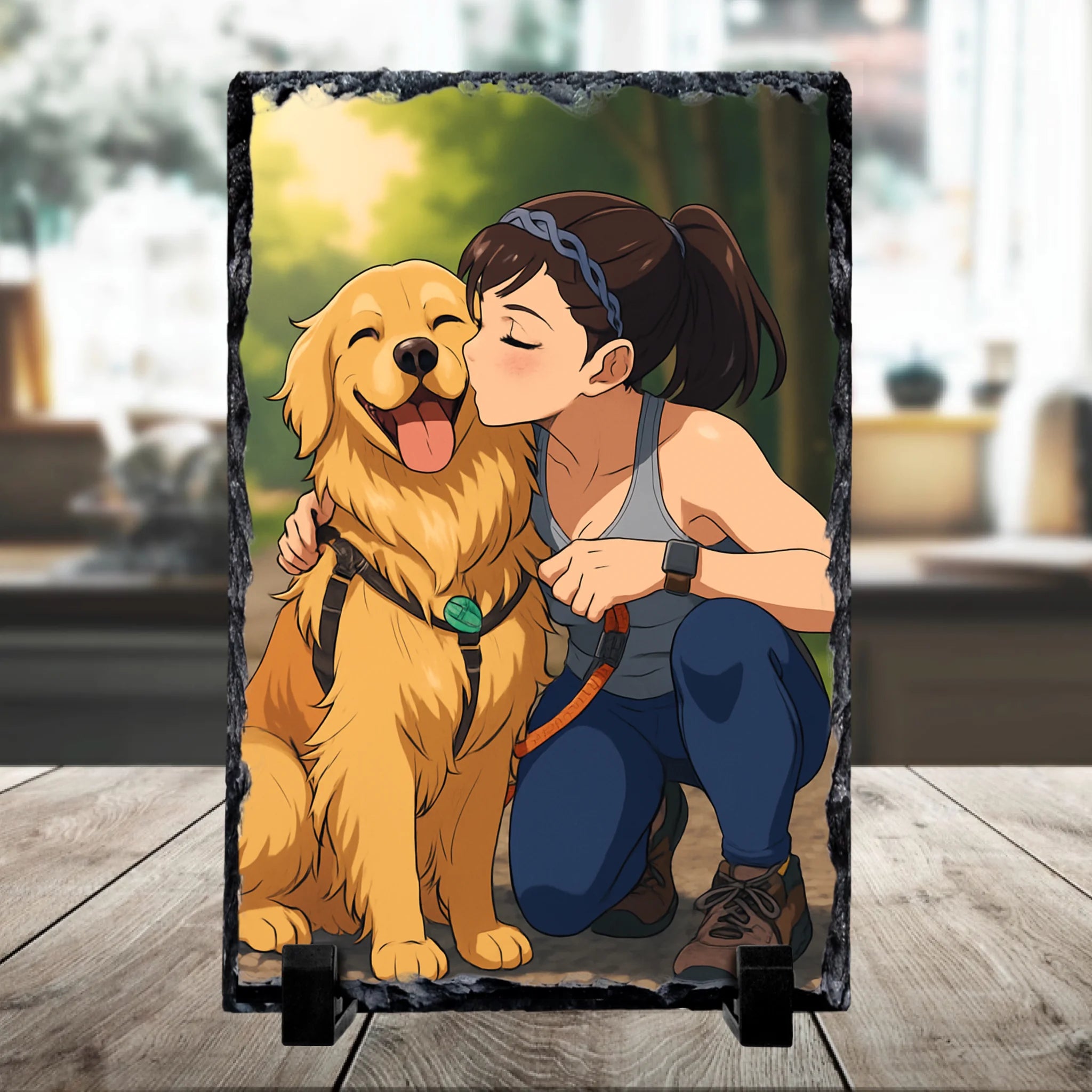 Custom personalised anime photo slate with a portrait converted from a real photograph into anime art