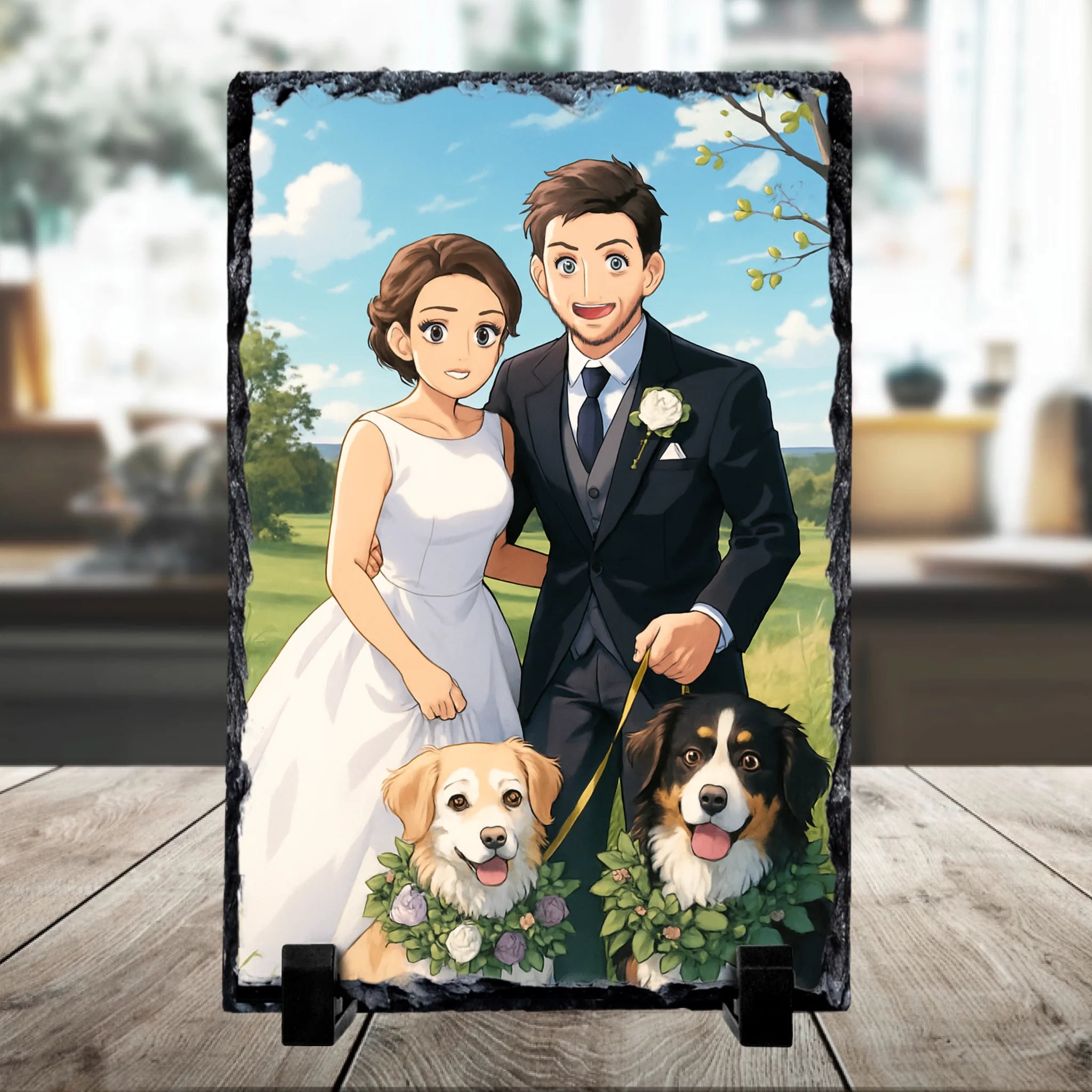 Custom personalised photo slate with a family photo converted into anime art style