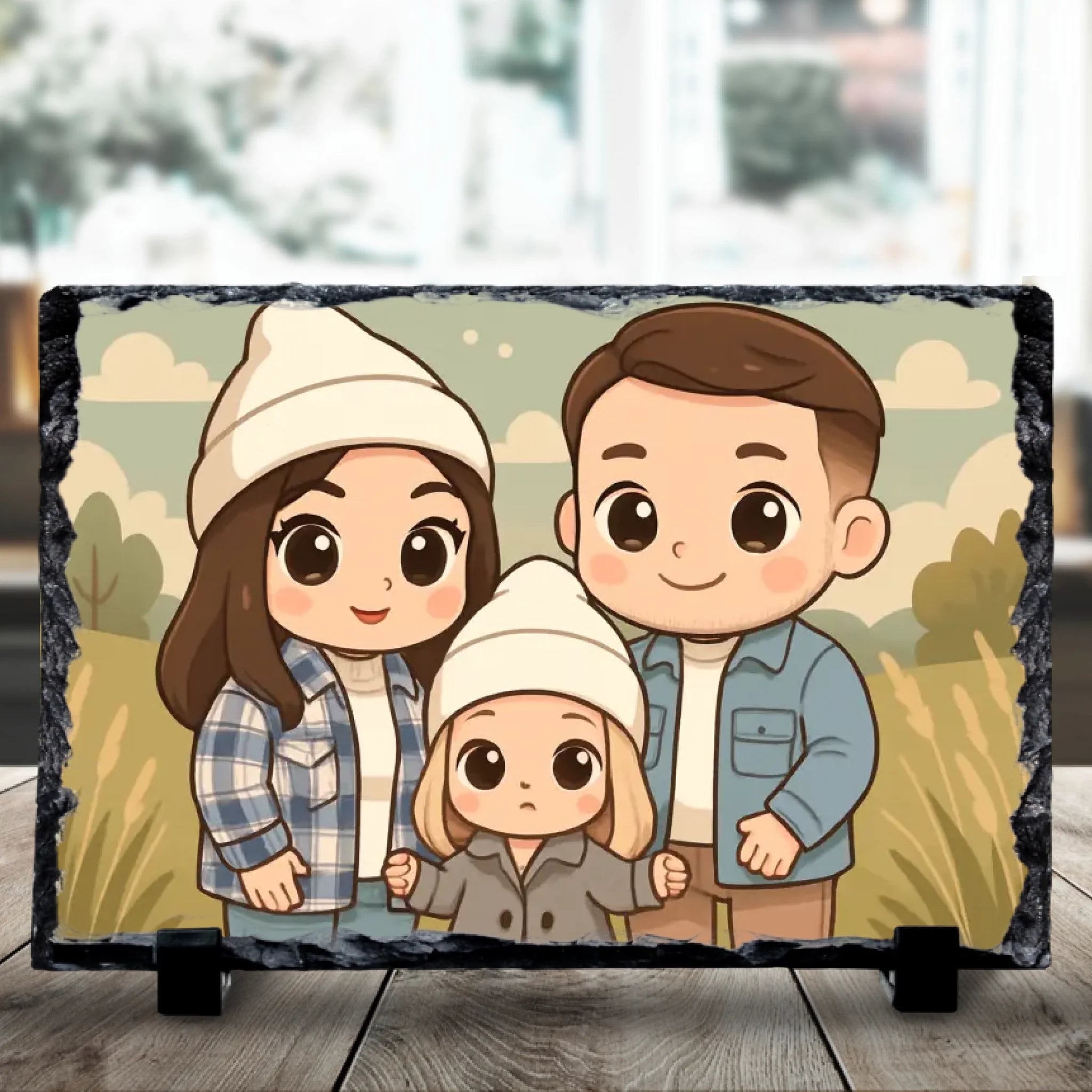 Custom personalised animated chibi style photo slate with cartoon character design