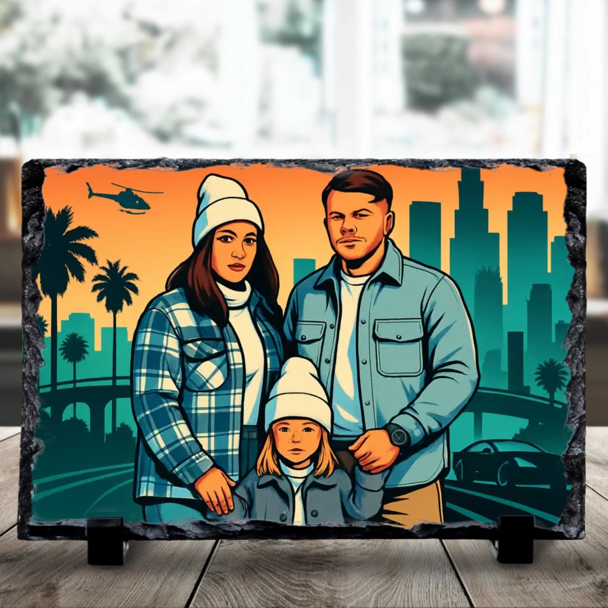 Custom personalised photo slate with animated video game style artwork printed from a personal photo