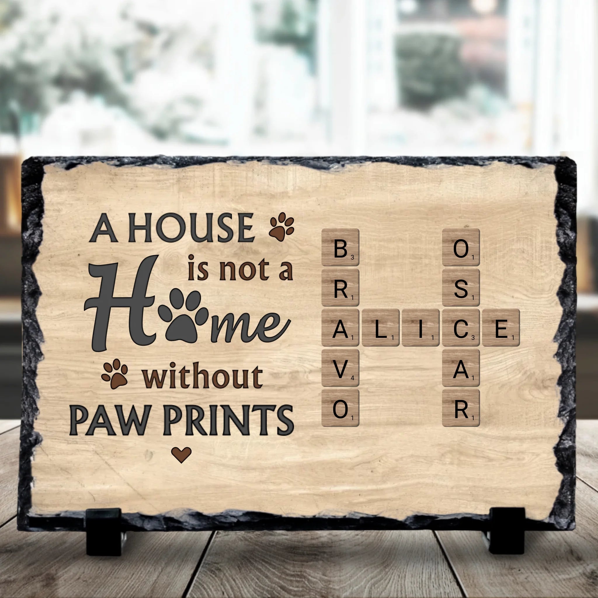 Personalised photo slate with a house is not a home pet crossword design showing up to 6 pet names