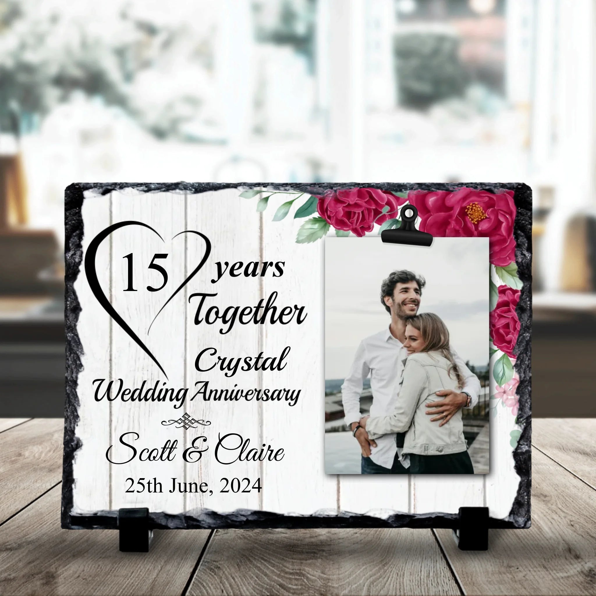 Close-up of a custom photo slate showing personalised text and photo detail on a 19x14cm slate tile