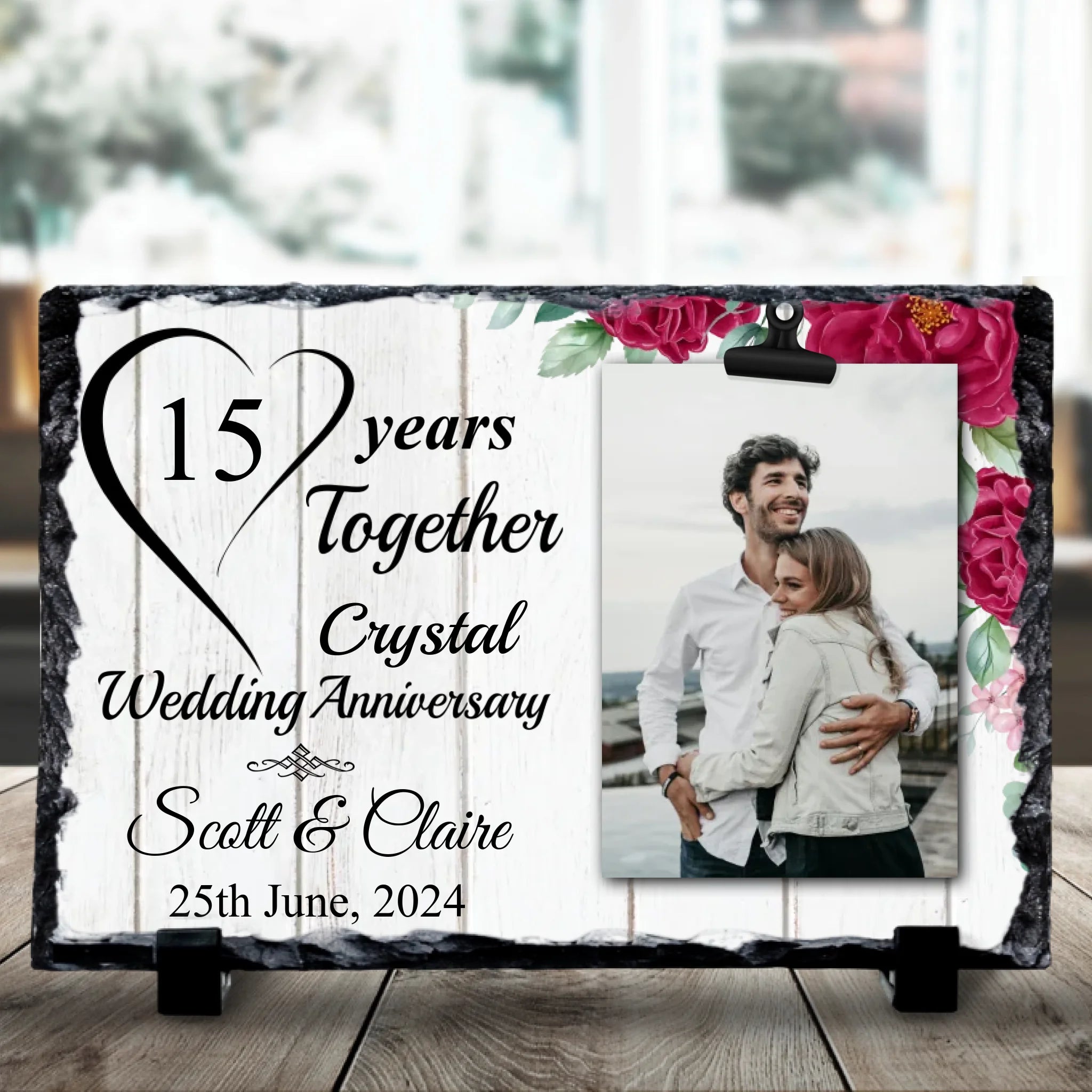 Personalised photo slate gift displaying a custom photo and anniversary names on natural stone