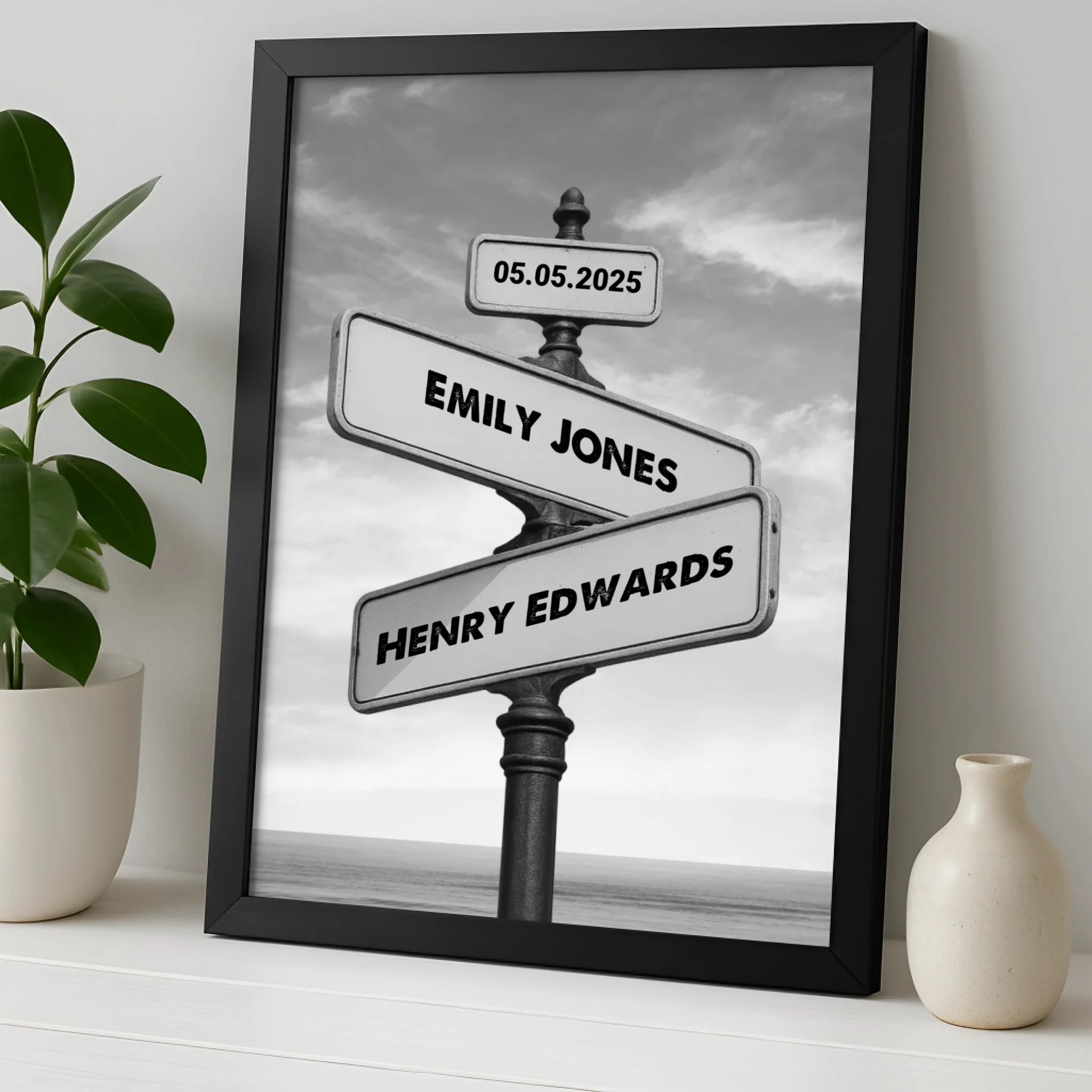 Close-up of a personalised couples street sign photo frame showing custom name details
