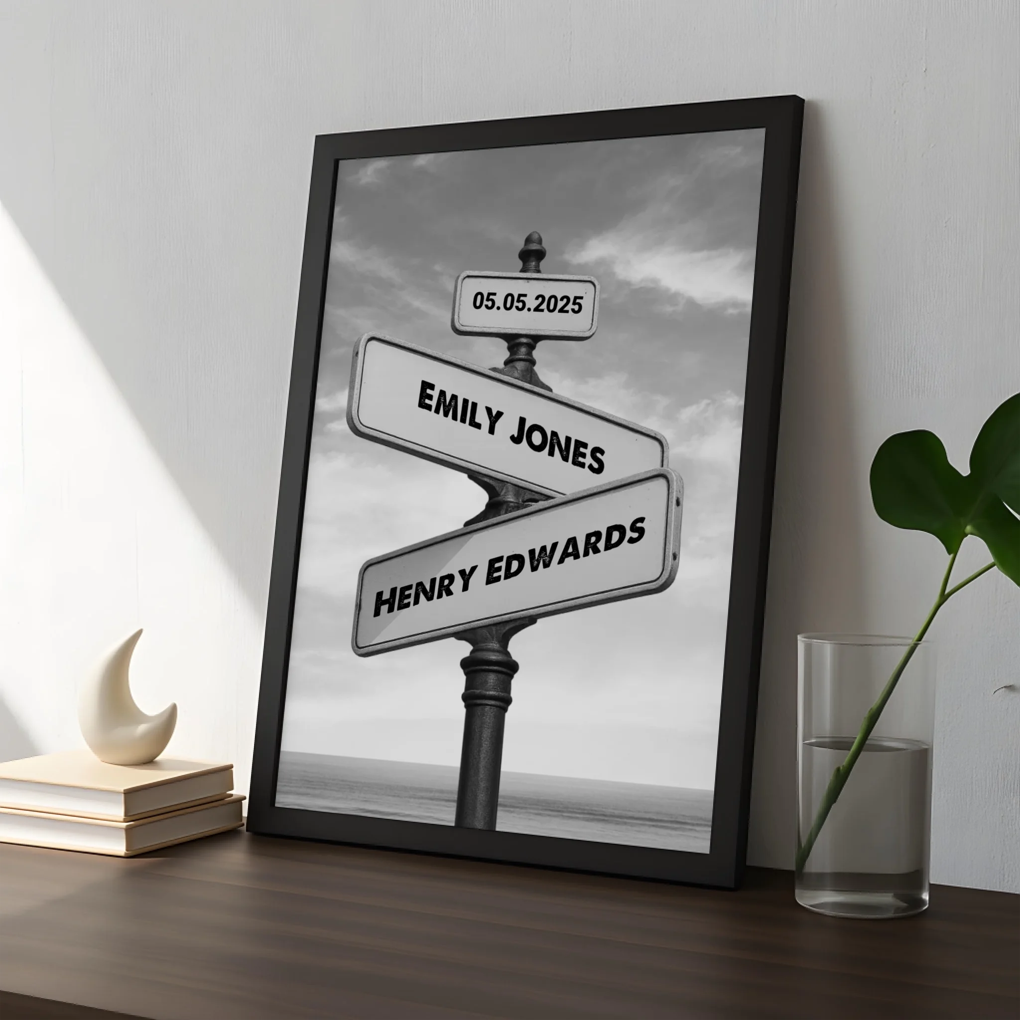 Personalised couples street sign photo frame hanging on a wall