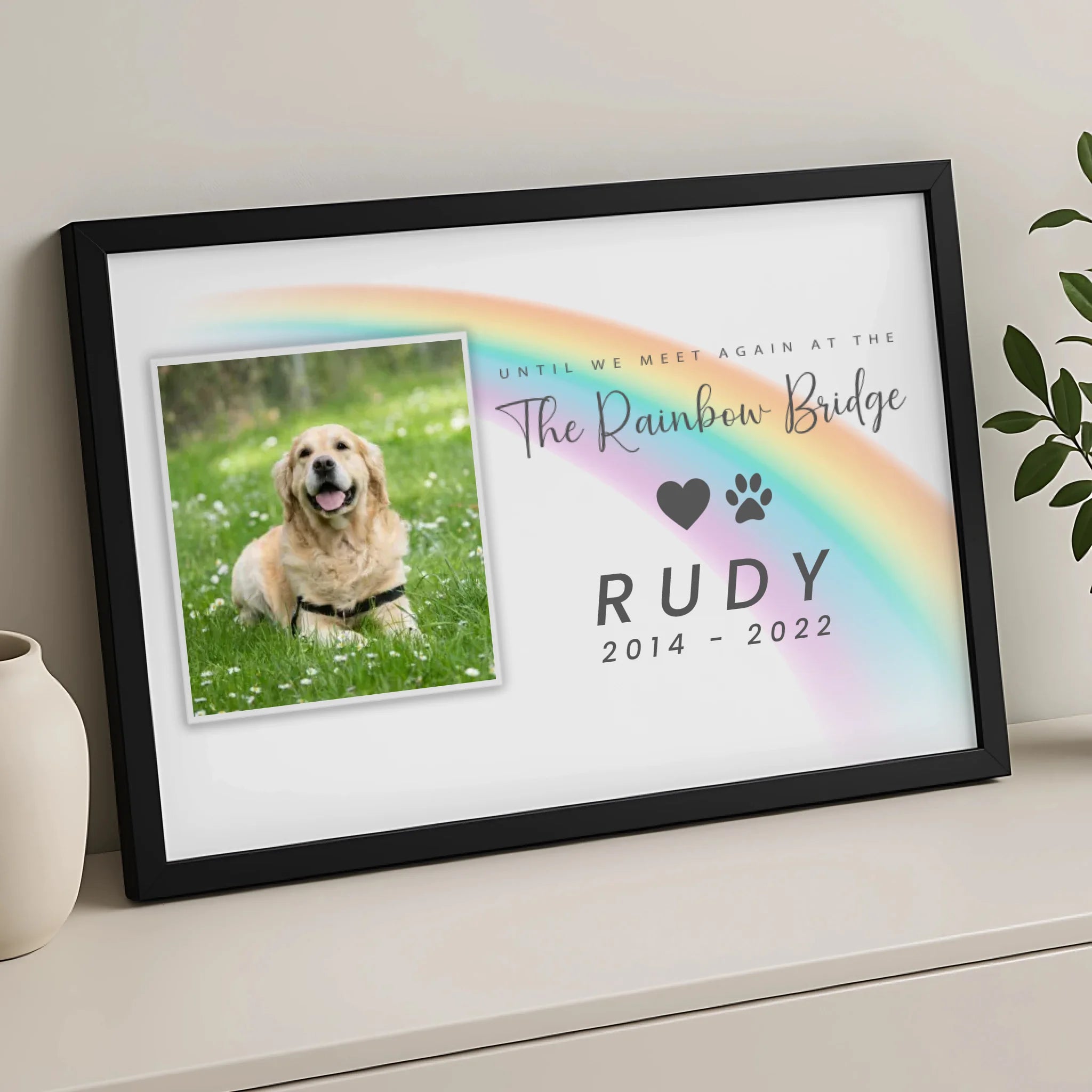 Close-up of personalised pet memorial photo frame with Rainbow Bridge design