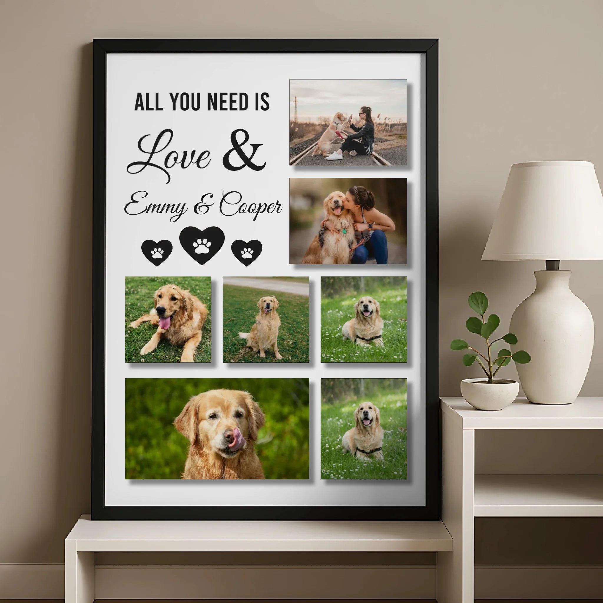 Multi-photo personalised pet frame with seven photos of a dog