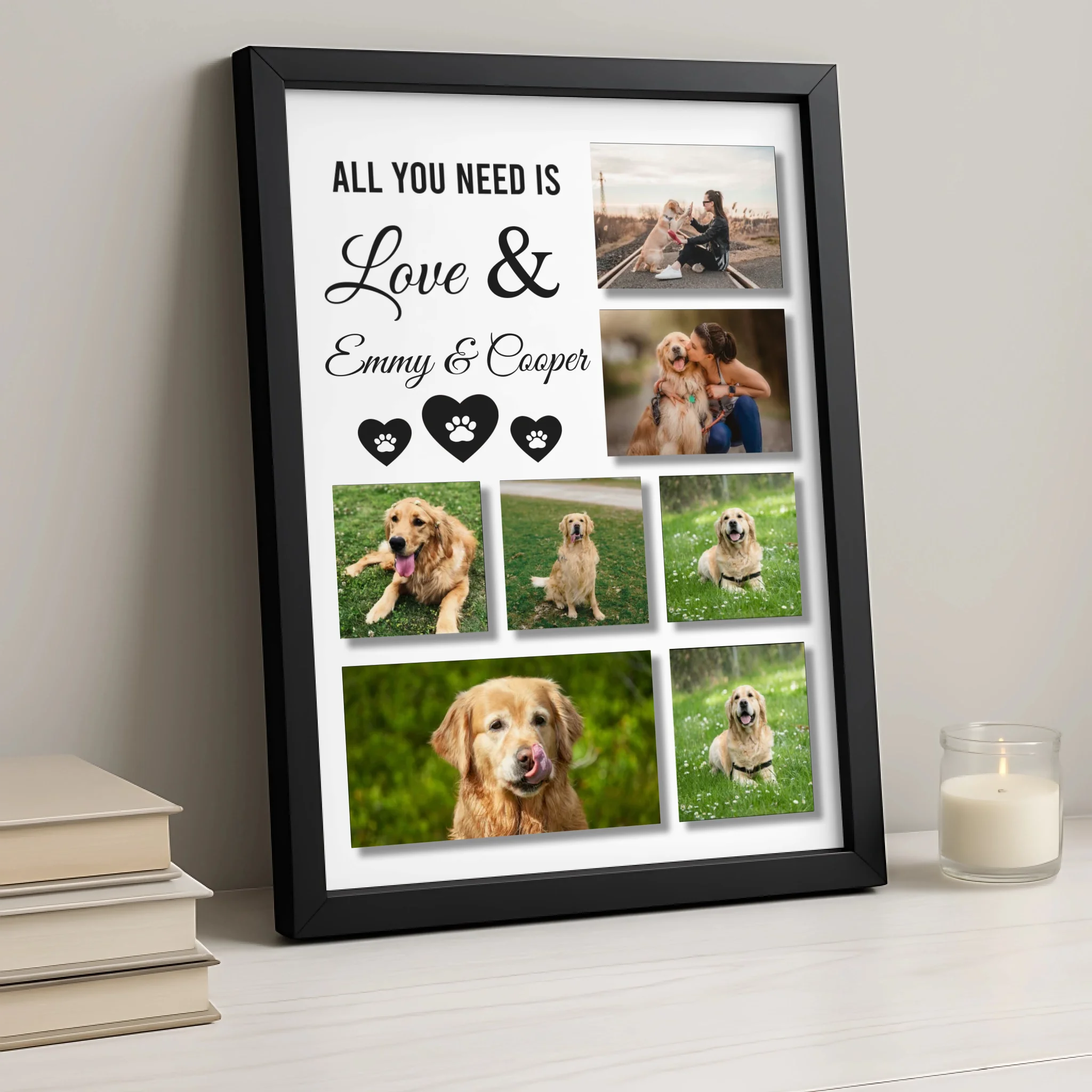 Personalised photo frame collage showing multiple pet portraits on a wall