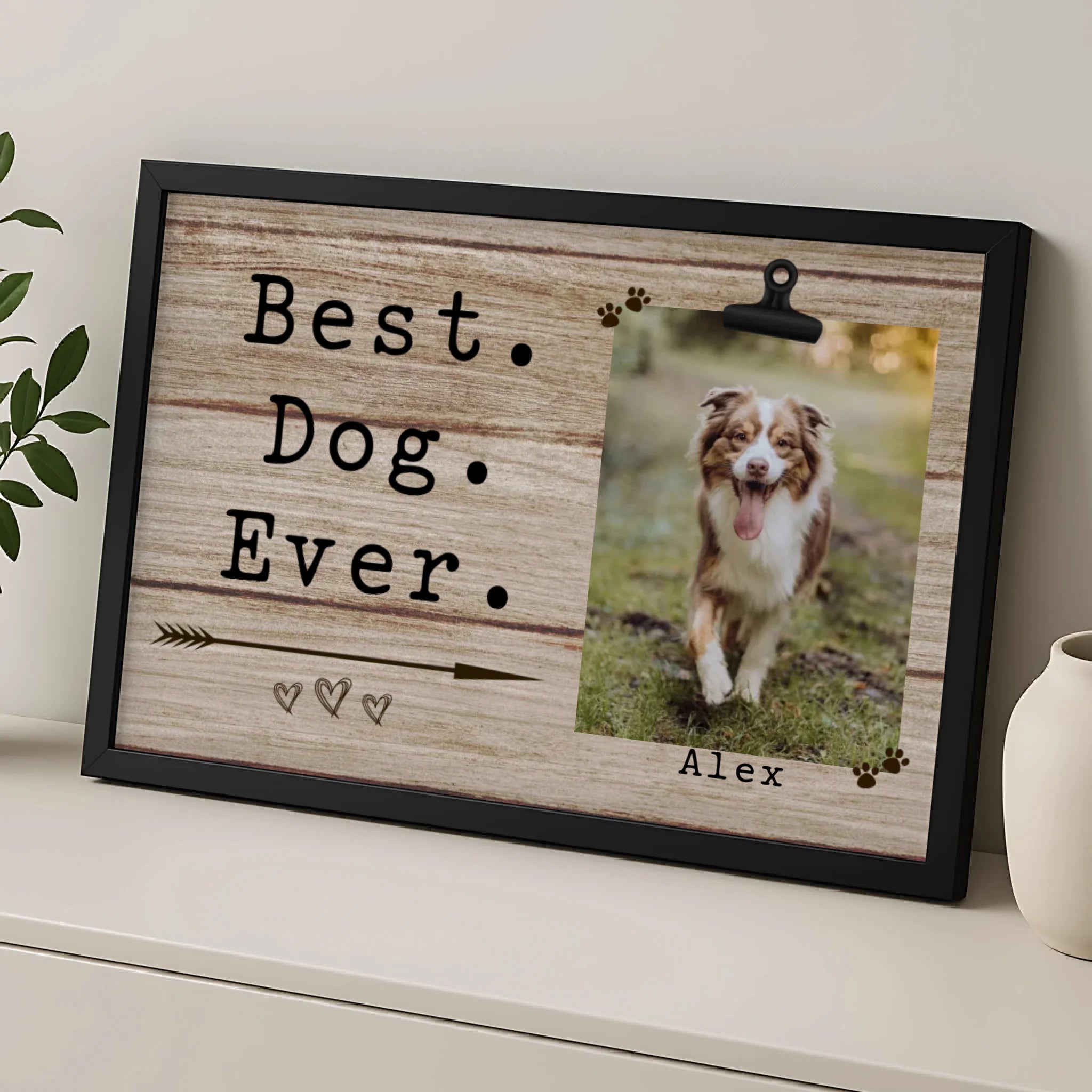 Close-up of personalised pet photo frame with wooden style finish