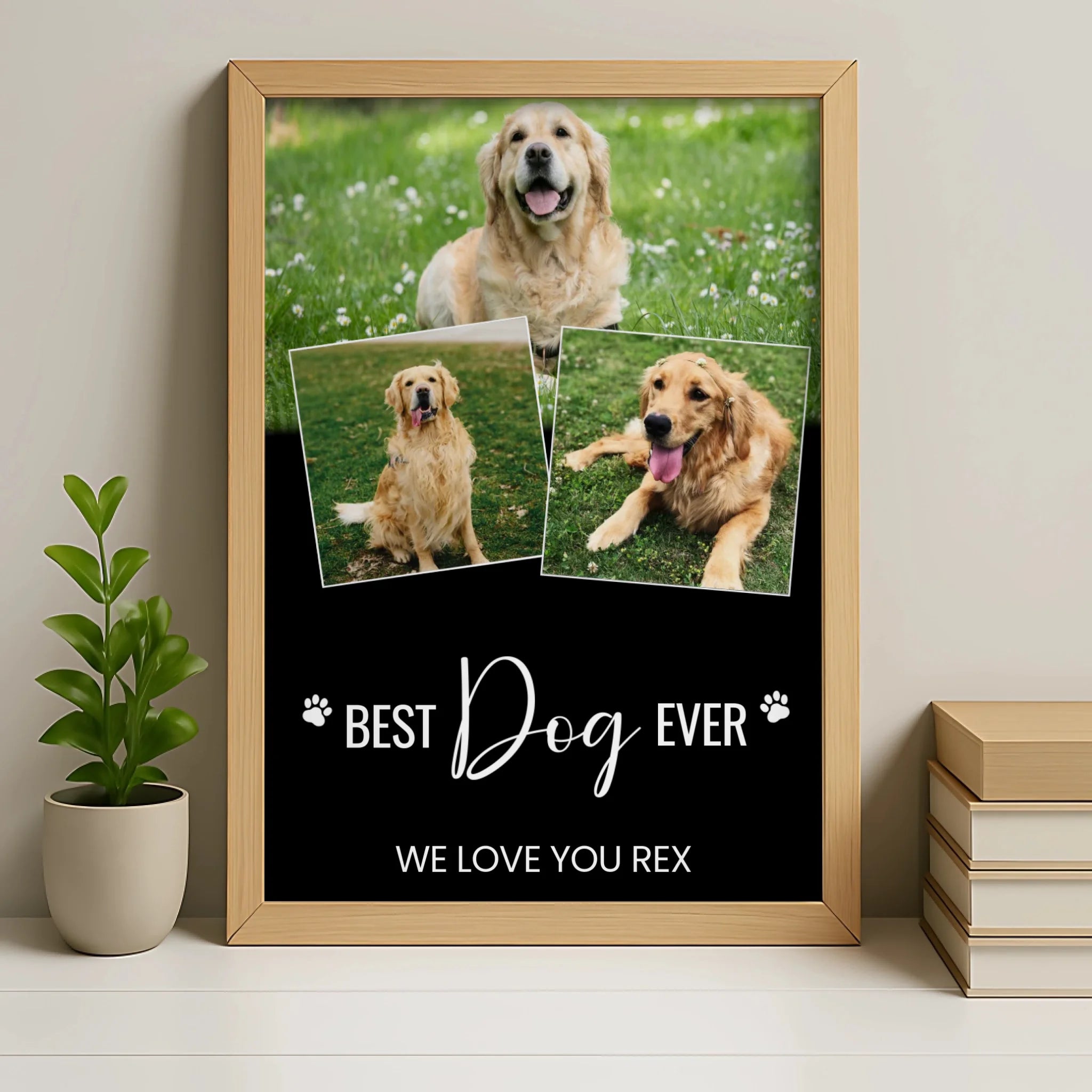 Personalised dog photo collage frame in oak finish with custom pet photos