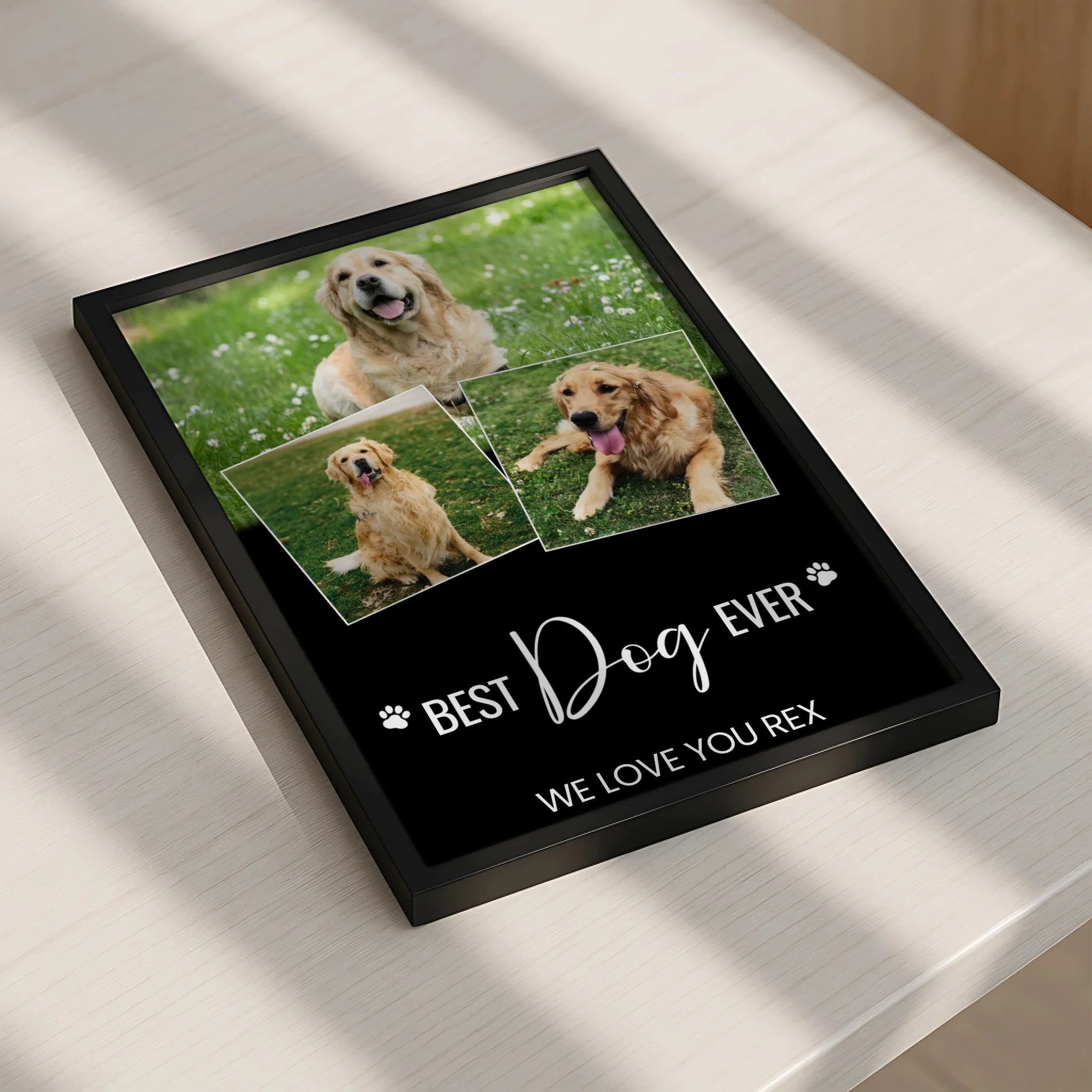 Custom pet photo gift frame with dog photos arranged in a collage style print