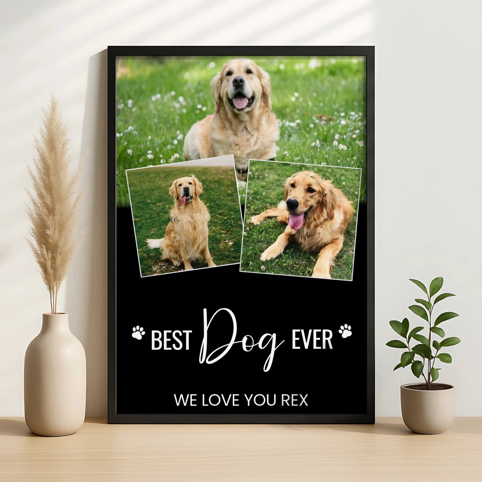 Personalised dog photo collage frame showing layout with multiple pet portrait photos