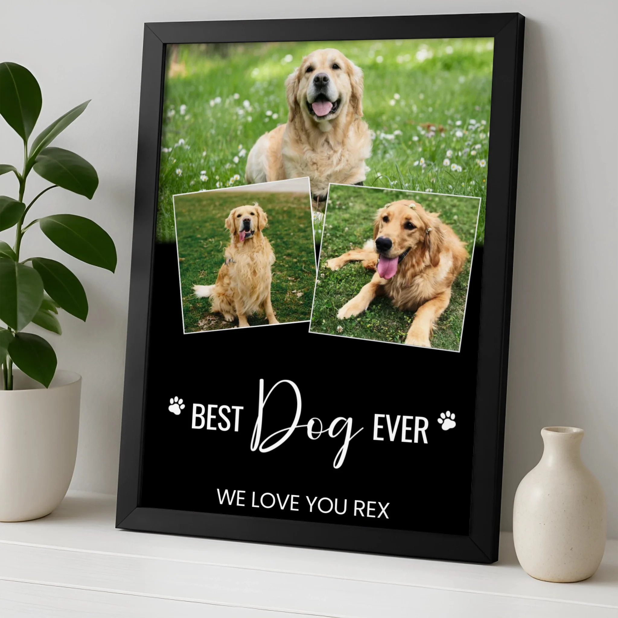 Custom dog photo collage print displayed on a wall as personalised pet wall art
