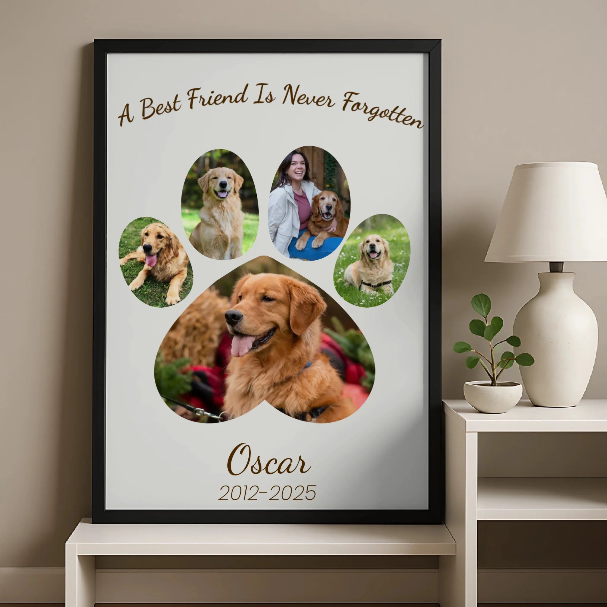 Custom pet portrait frame with paw print design, A3 size shown