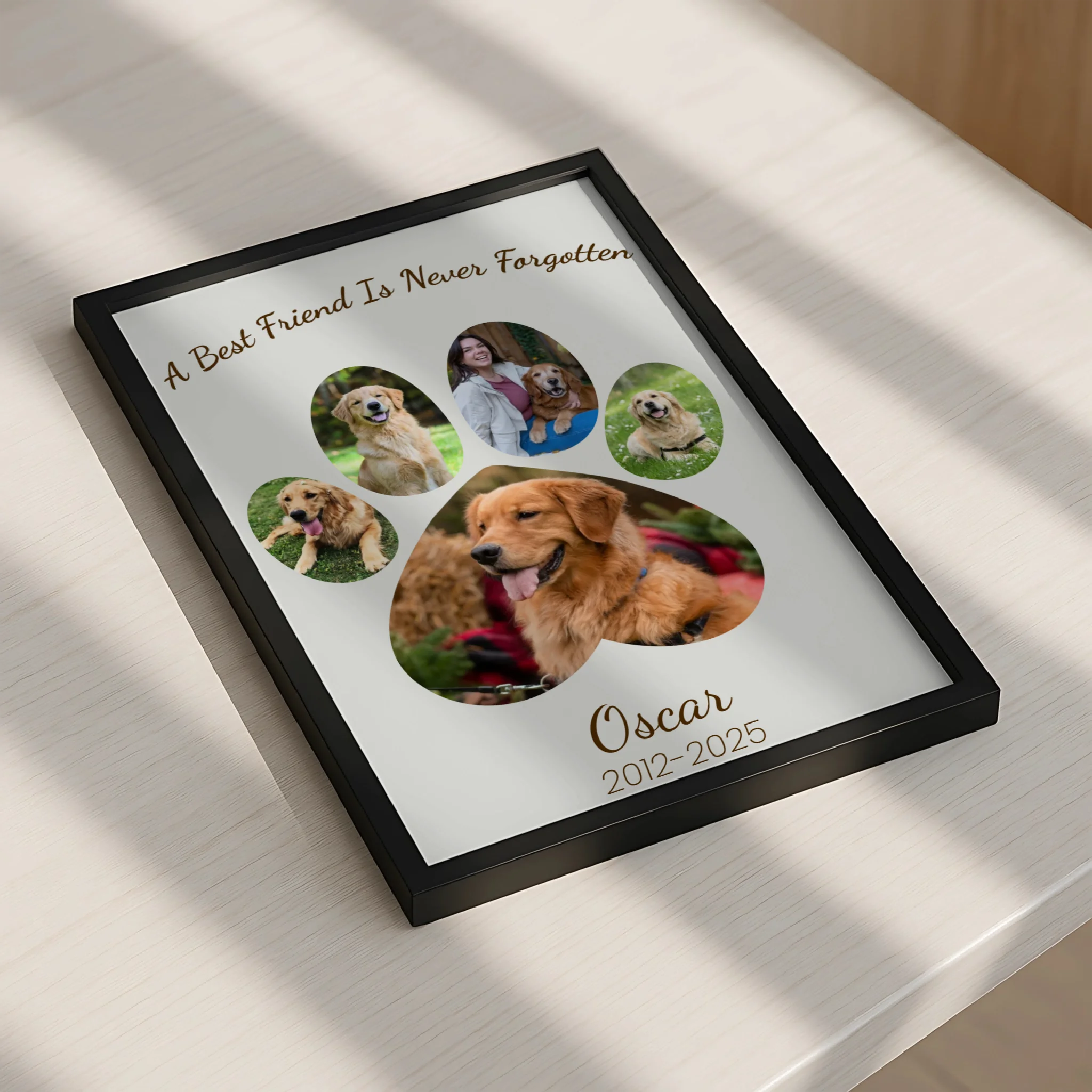 Dog remembrance photo frame with paw print collage and personalised name text