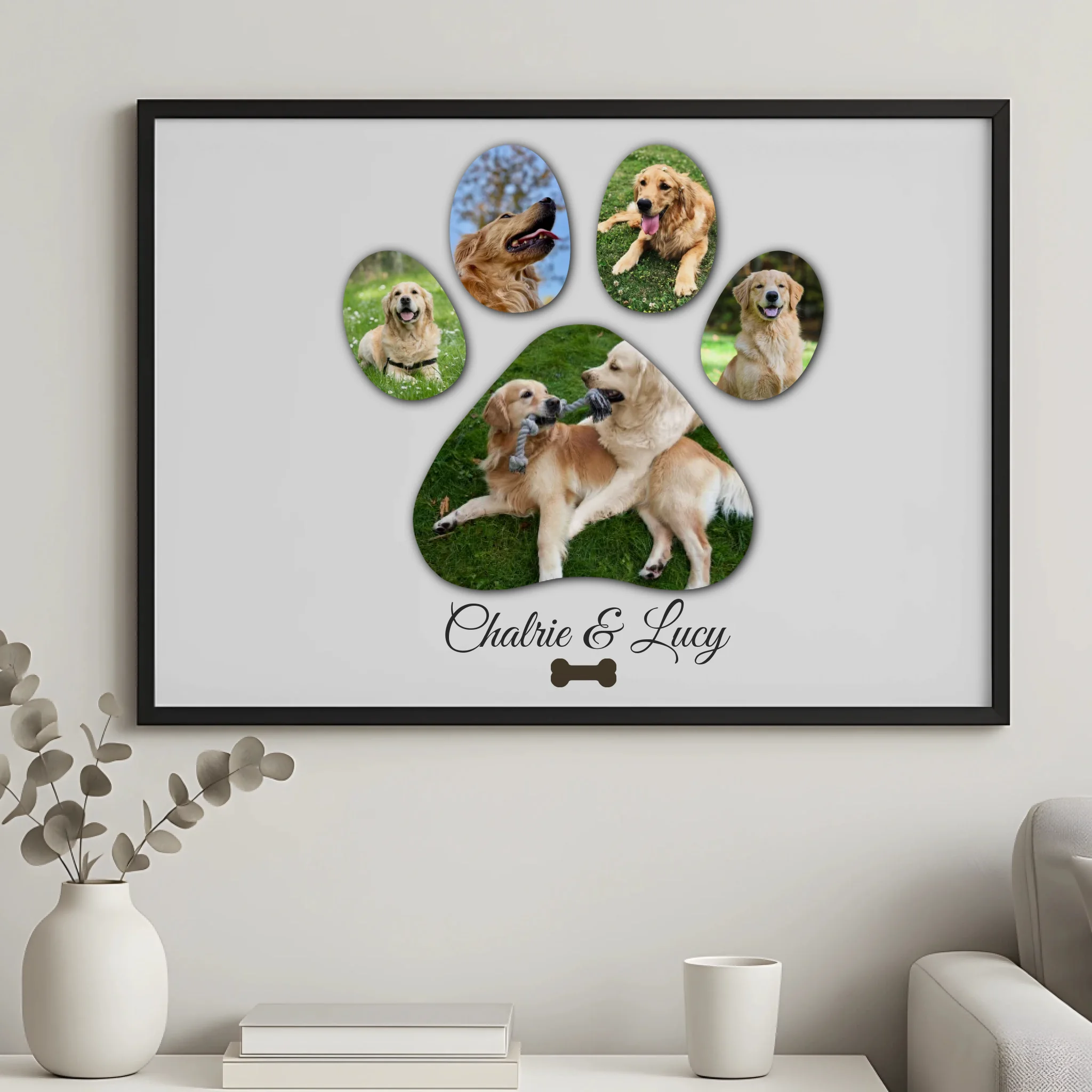 Close-up of personalised paw print collage photo frame with dog photos