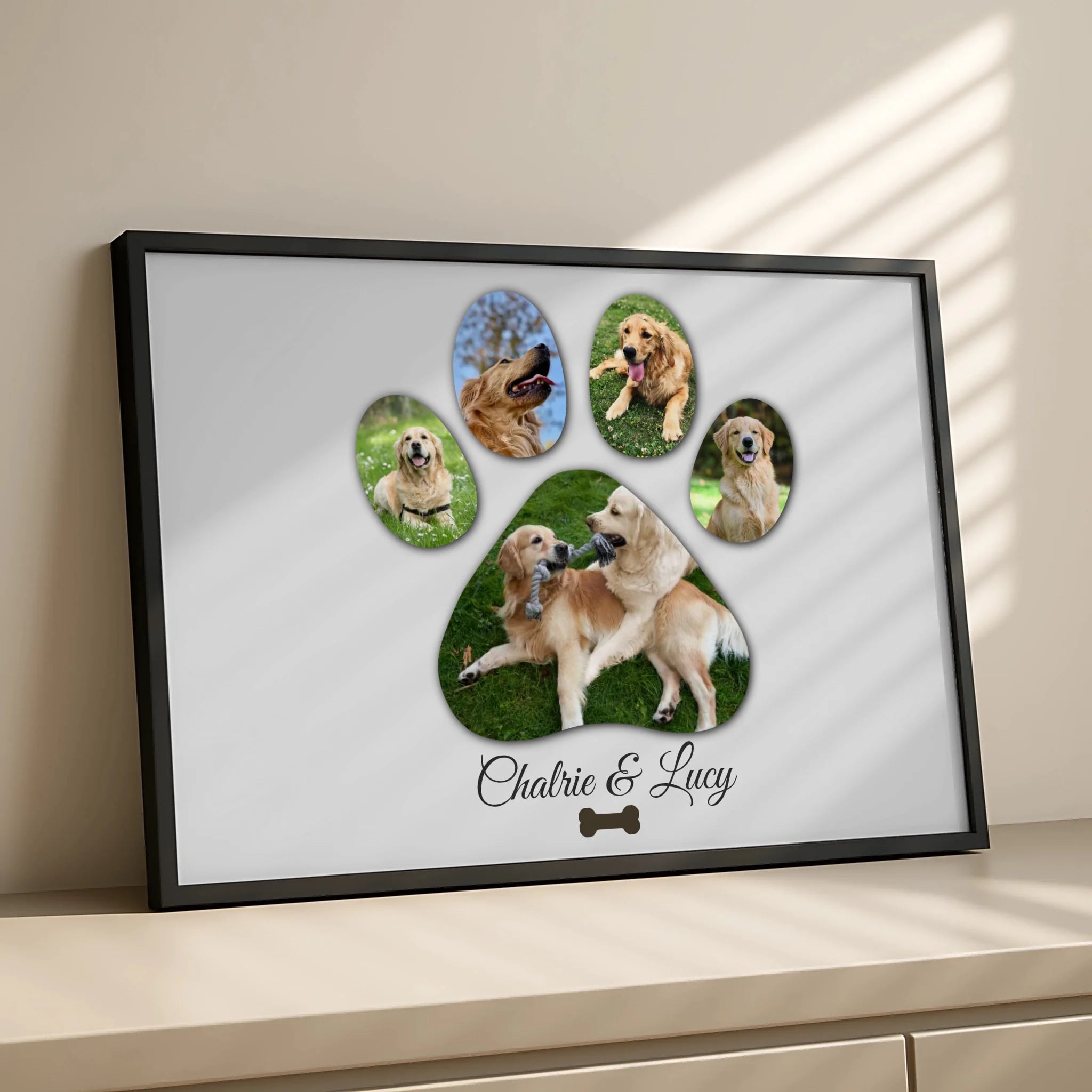 Personalised dog photo collage frame with paw print border detail