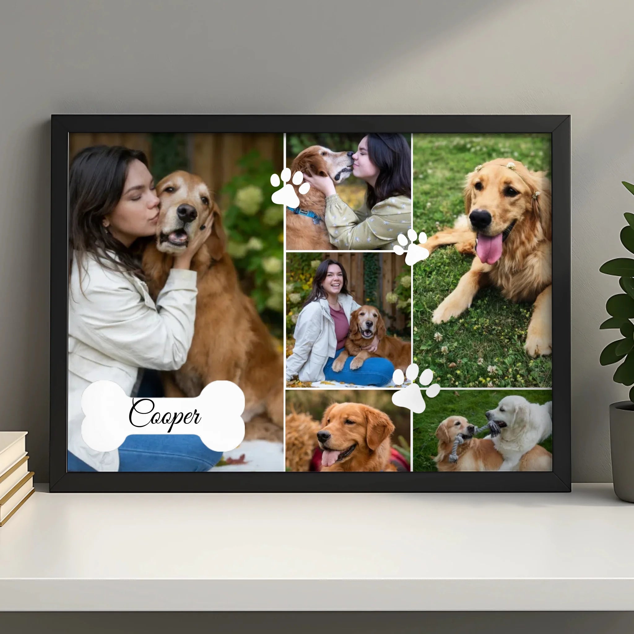 Personalised dog photo collage frame with custom name and paw print design, shown in A4 size