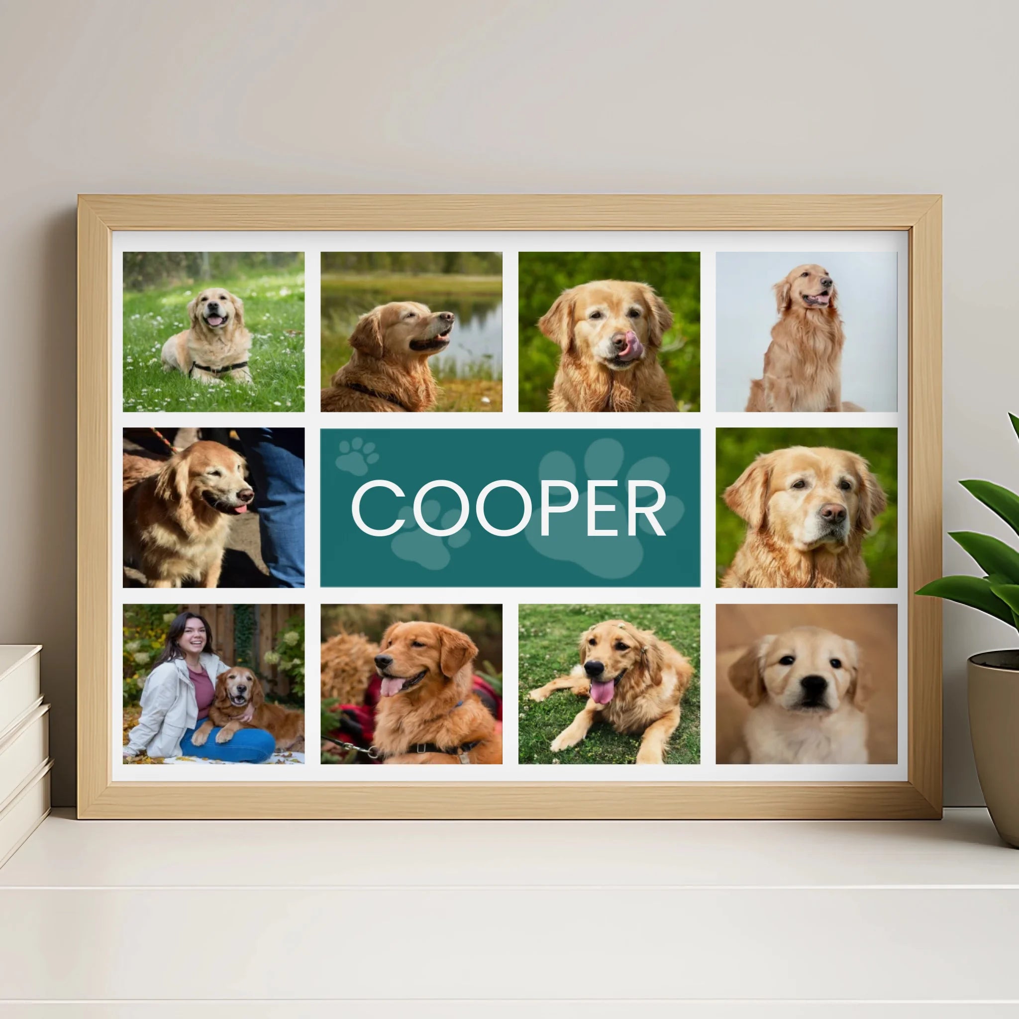 Personalised dog photo collage frame in white finish with pet name