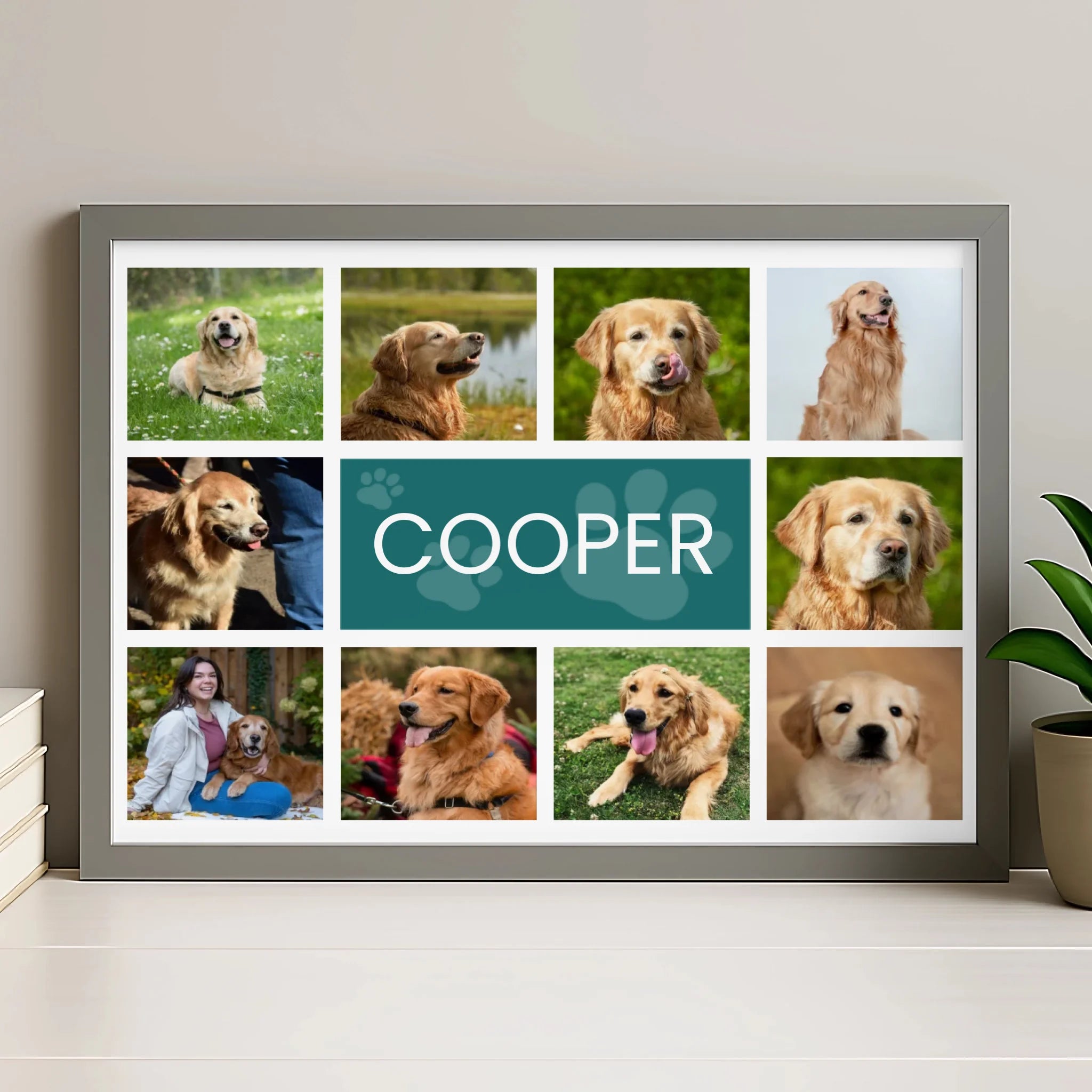 Personalised dog photo collage frame in grey finish with custom name