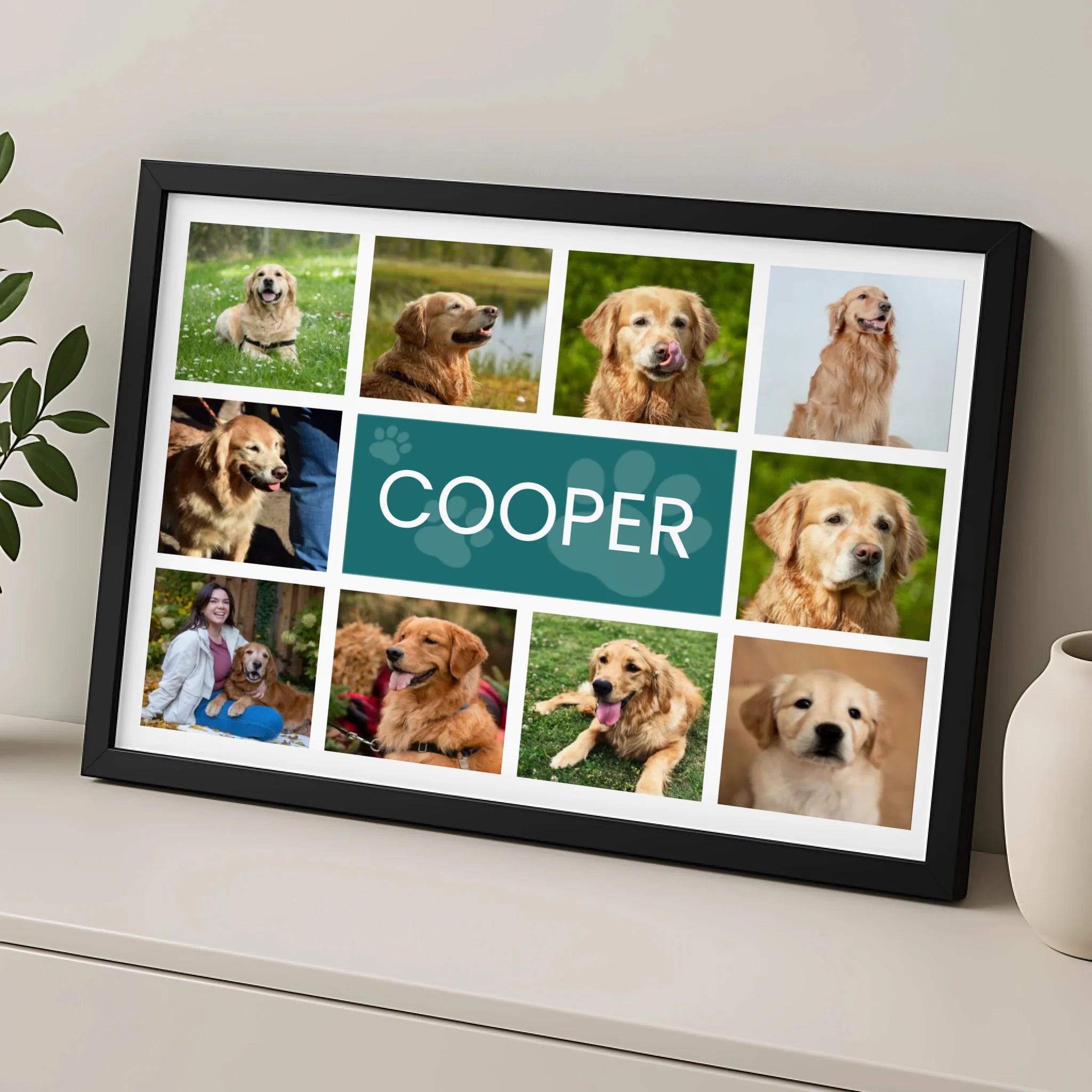 Four-photo custom pet photo frame with dog name personalisation