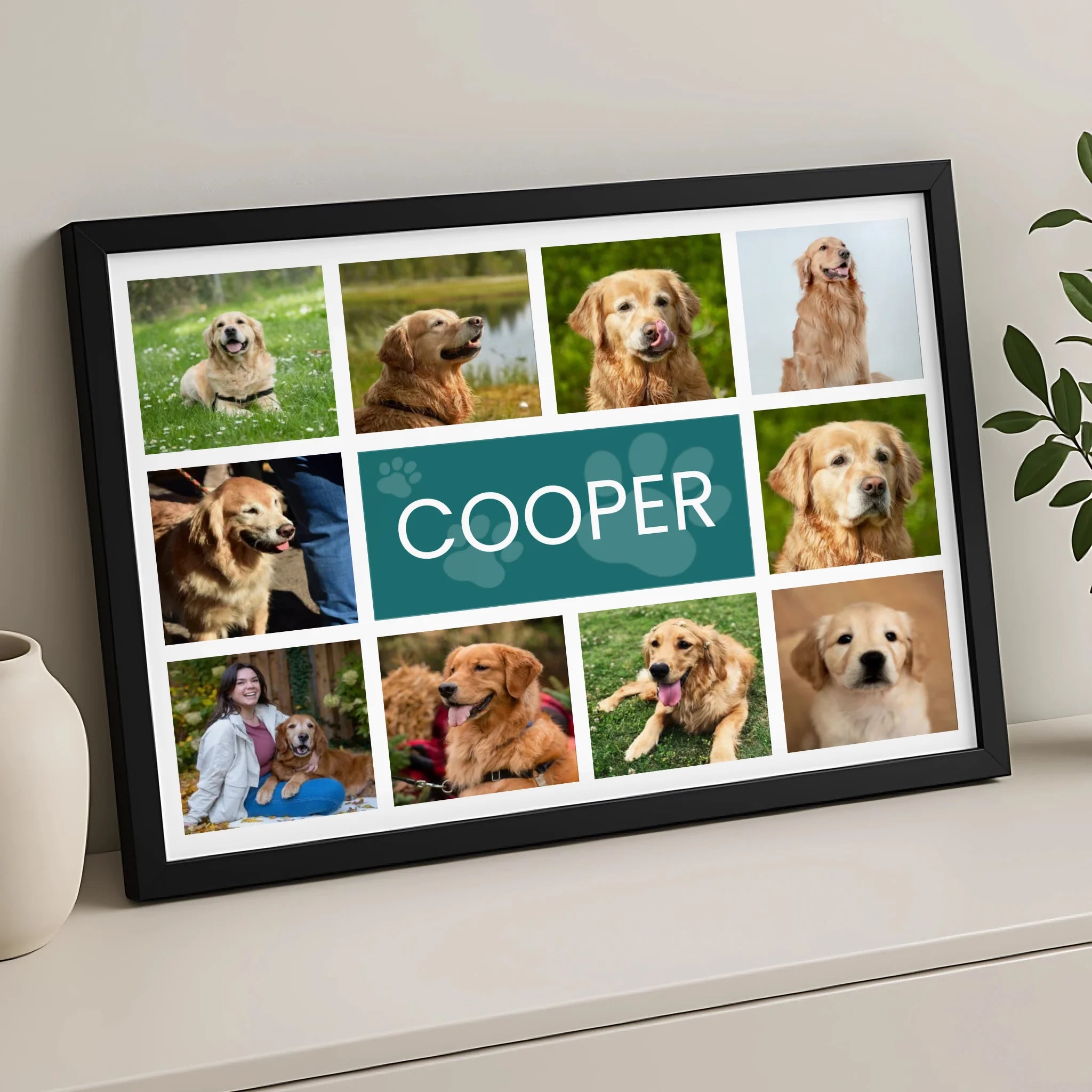 Dog photo collage frame showing a 3-photo grid layout with personalised name