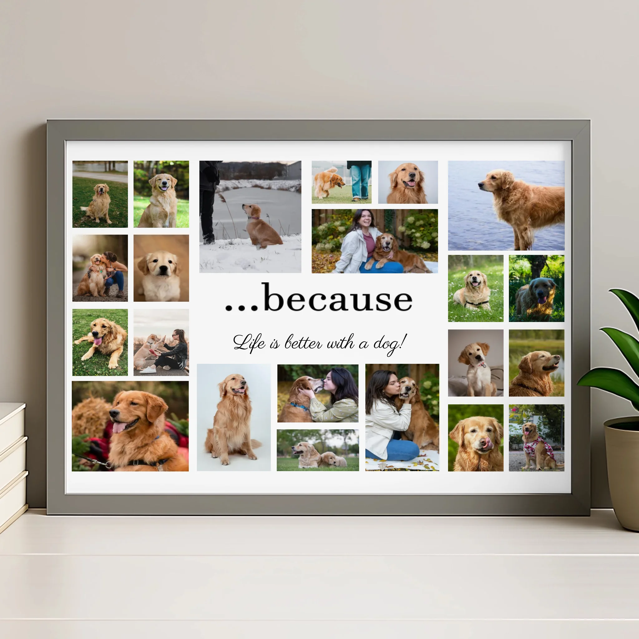 Personalised dog photo collage frame in grey finish with custom quote