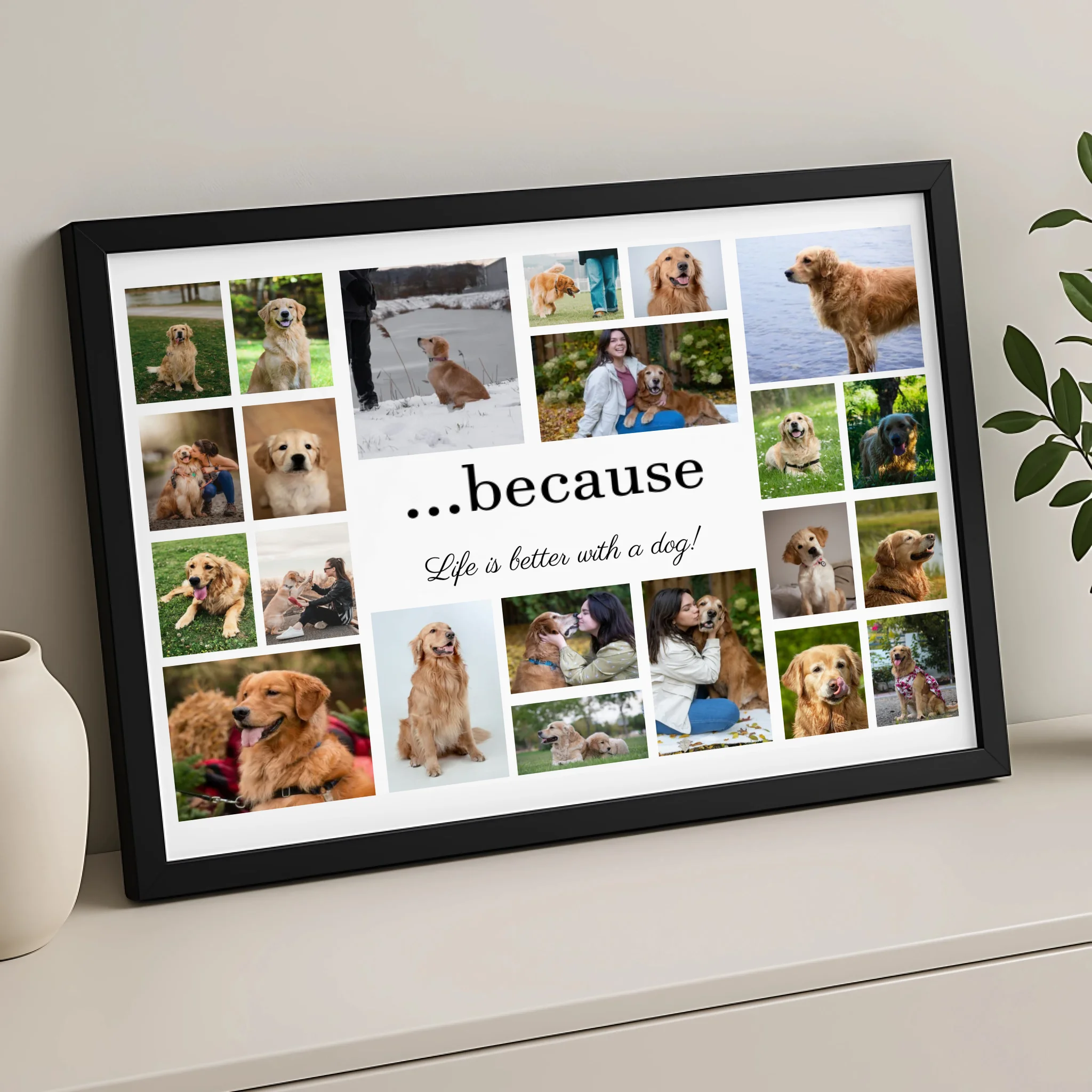 Custom pet picture frame showing multiple dog photos arranged in a collage layout