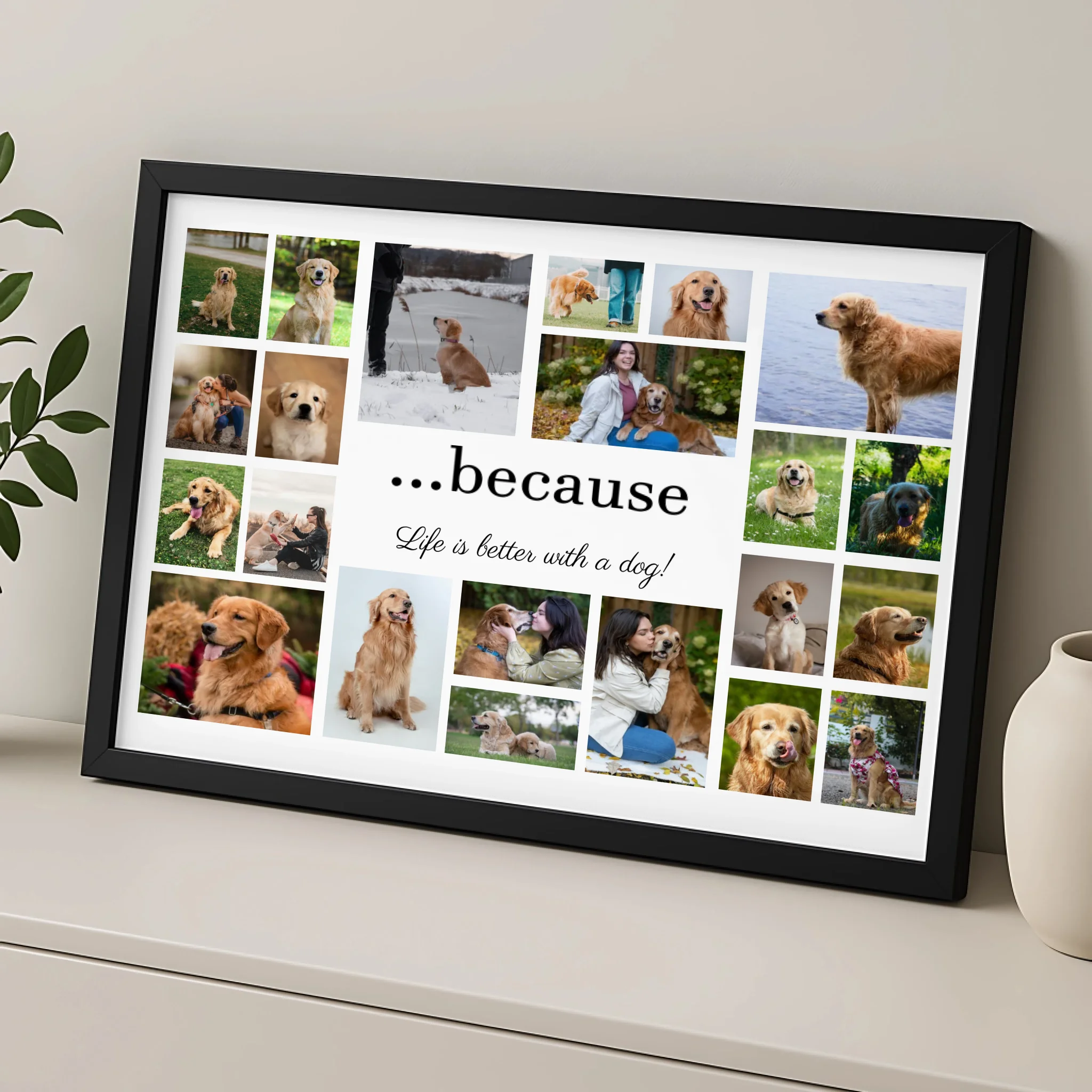 Close-up of a custom dog photo collage frame with personalised quote text