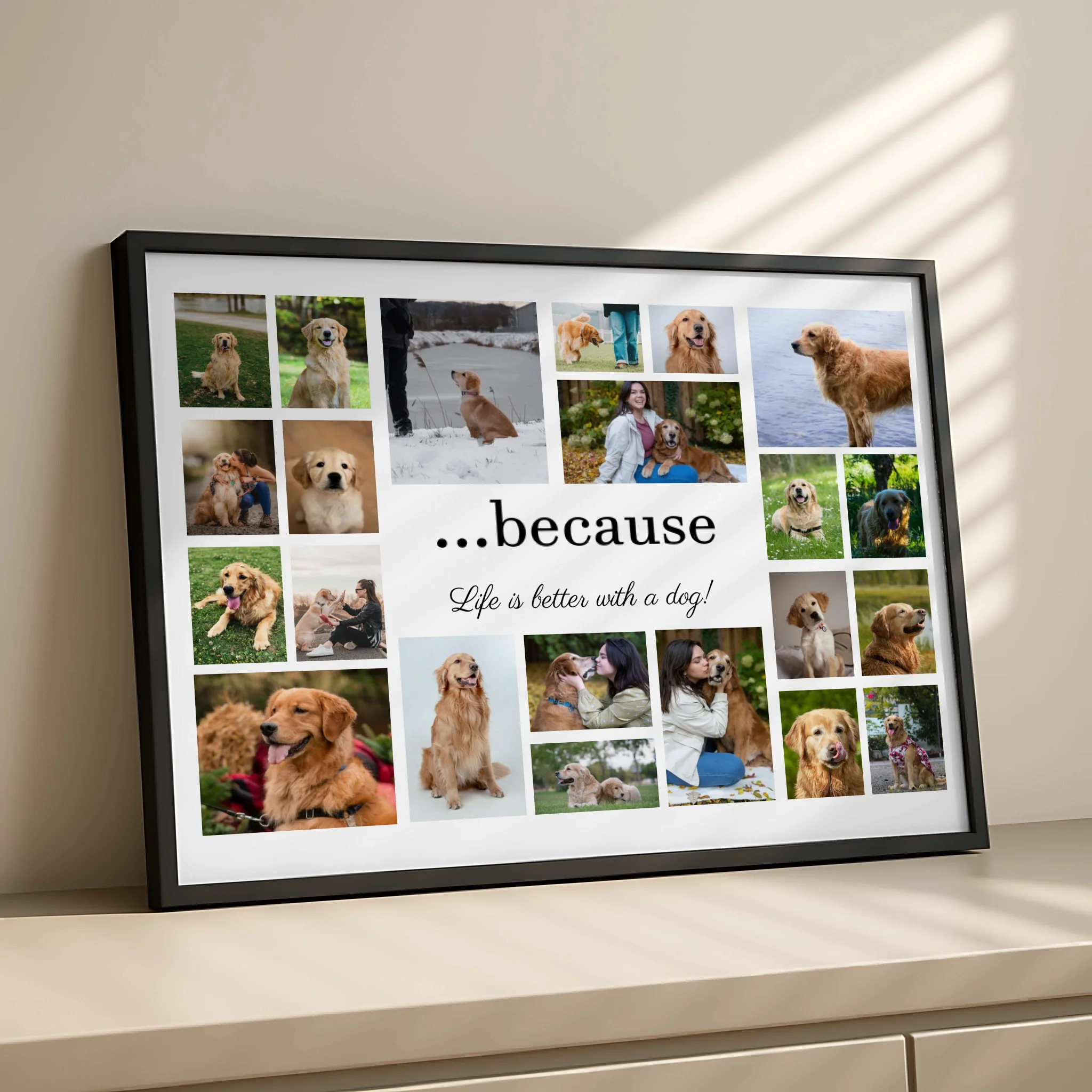 Personalised dog photo frame with quote displayed on a wall as home decor