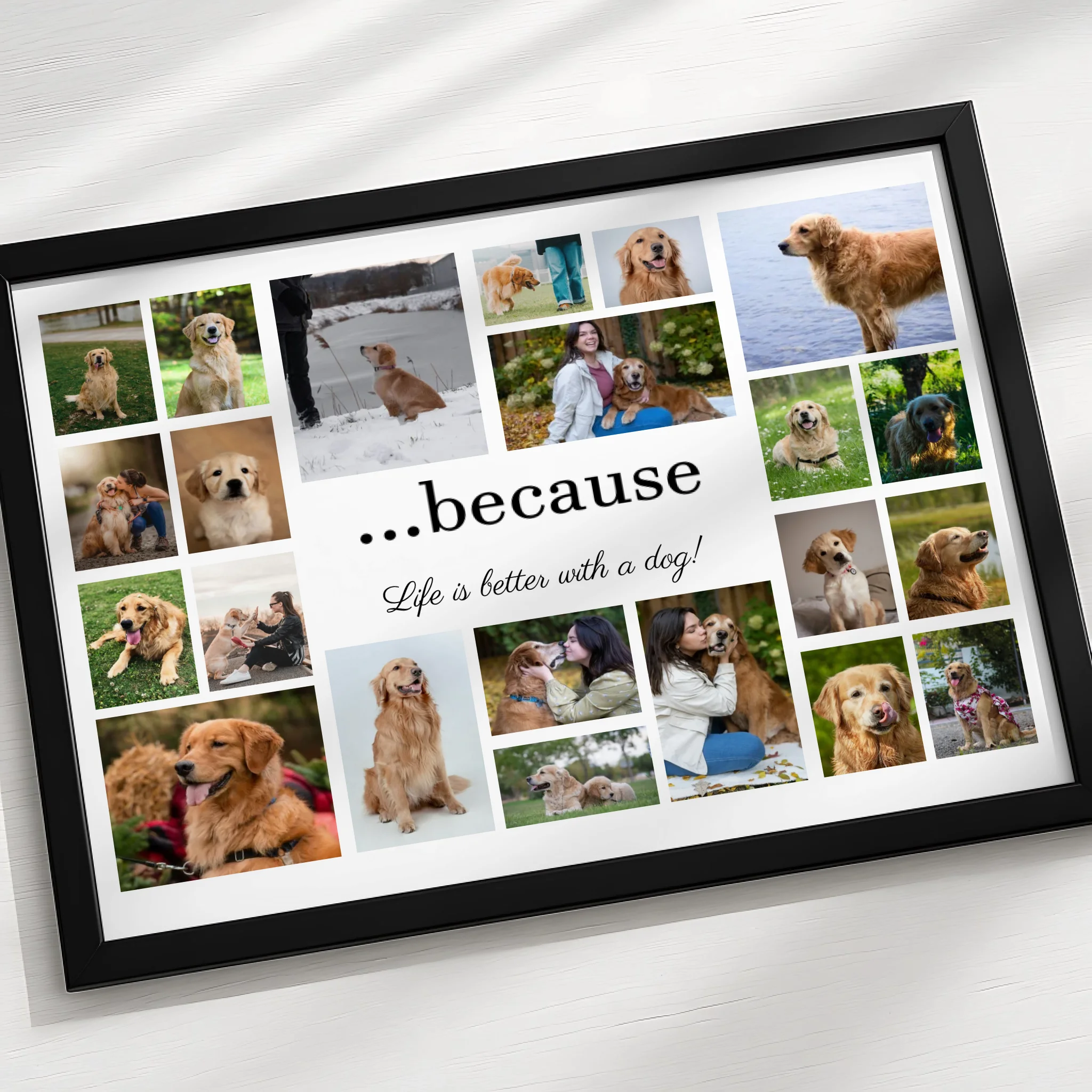 A4 personalised pet photo frame gift showing dog photos and a printed quote